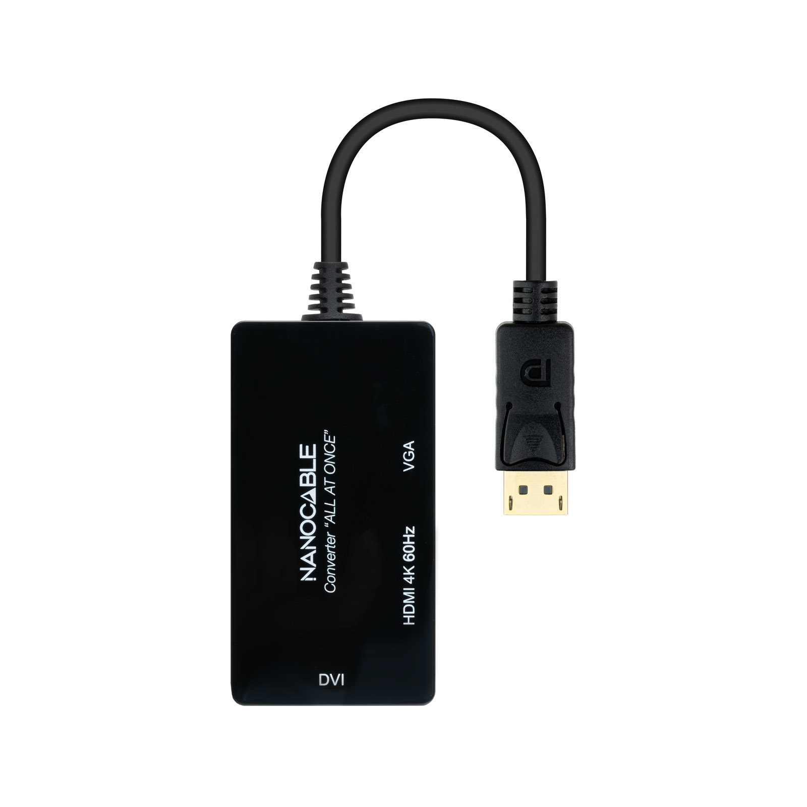 Schwarzer Adapter wandelt HDMI in DisplayPort um. DisplayPort-Ende ist eingesteckt.