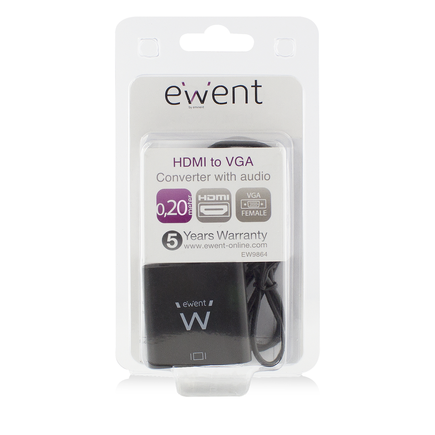 Convertitore Ewent HDMI a VGA in confezione. Convertitore nero con cavo nero.