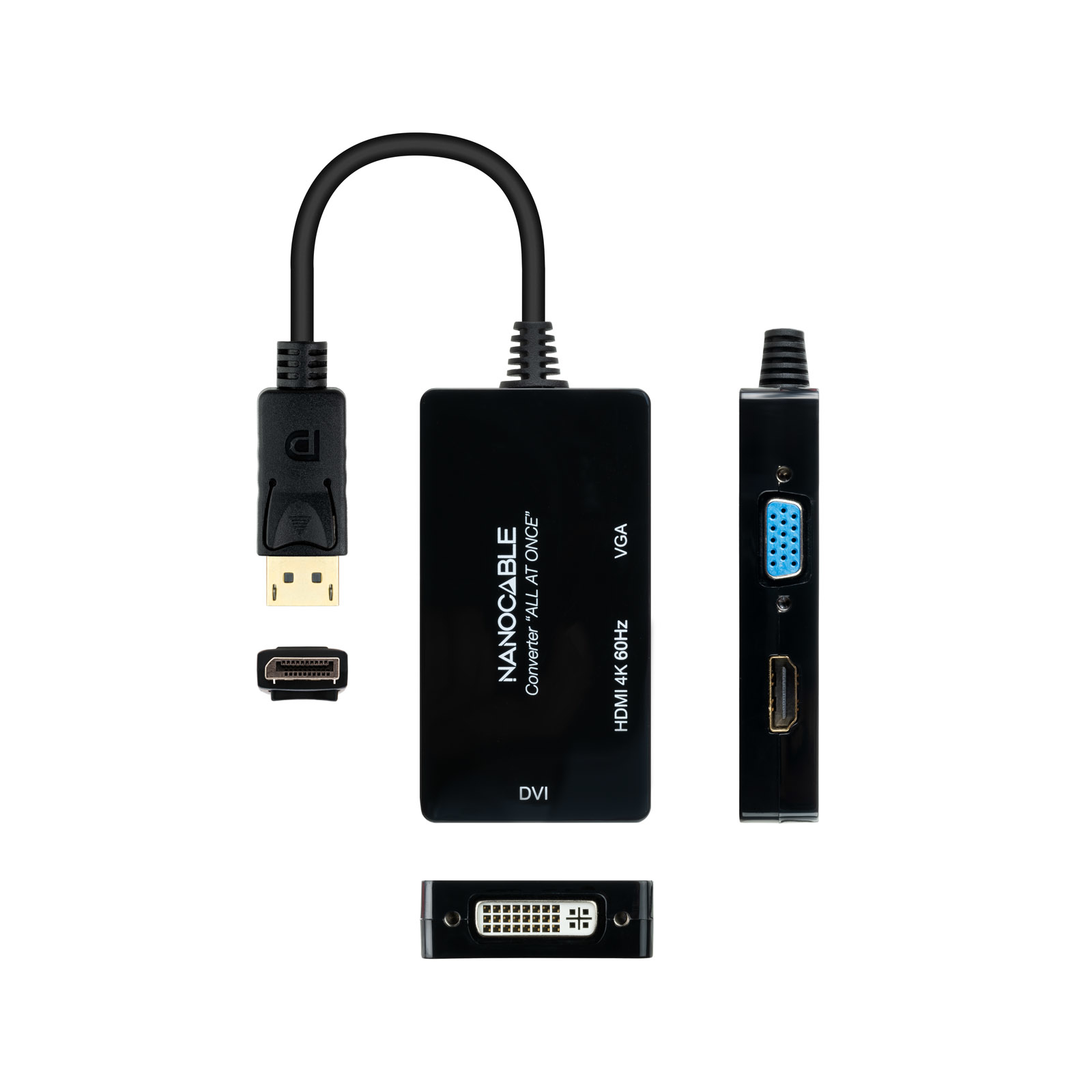 Schwarzer HDMI-zu-DVI-Adapter mit verschiedenen Anschlusstypen auf weißem Hintergrund.