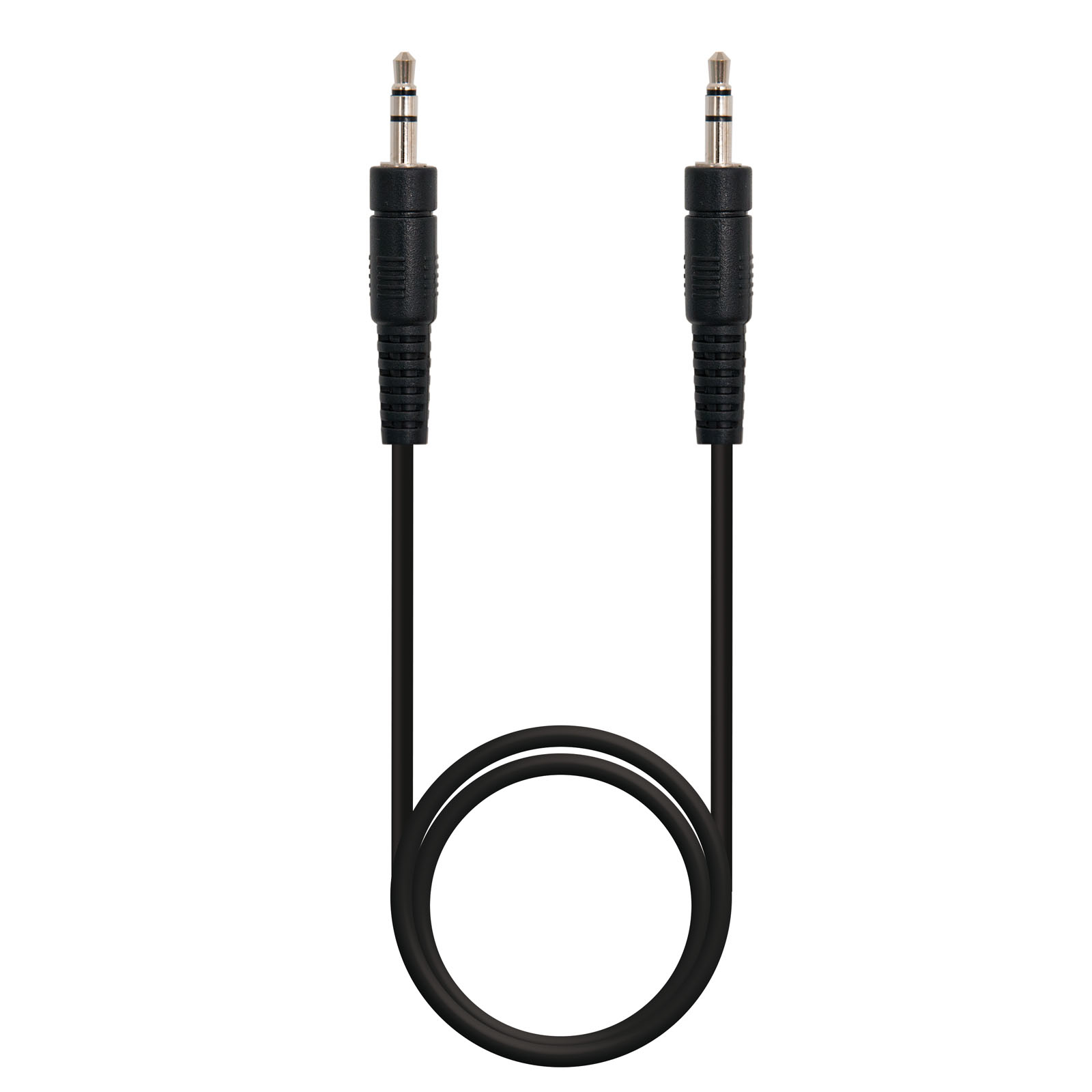 Dos cables de audio negros con puntas plateadas, dispuestos verticalmente sobre fondo blanco.