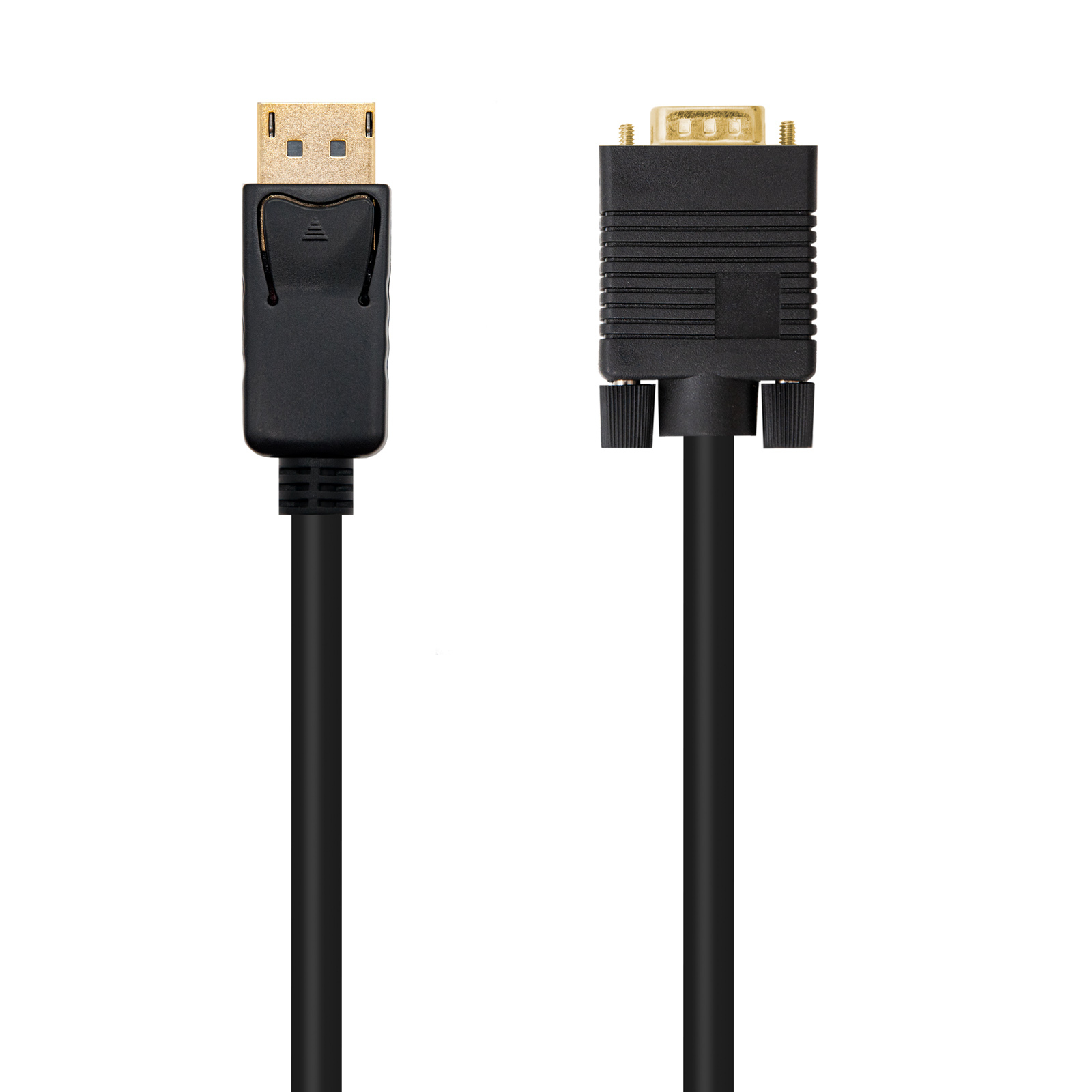 Un cable DisplayPort a DVI negro. DisplayPort a la izquierda, DVI a la derecha.