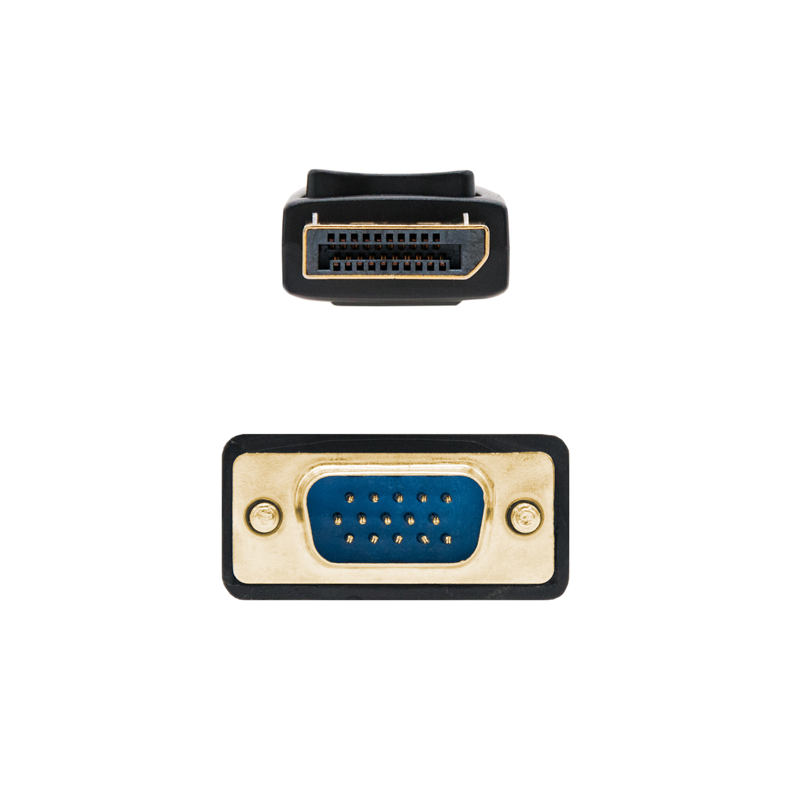 Dos conectores, DisplayPort y VGA, aislados sobre fondo blanco, vistos desde arriba.