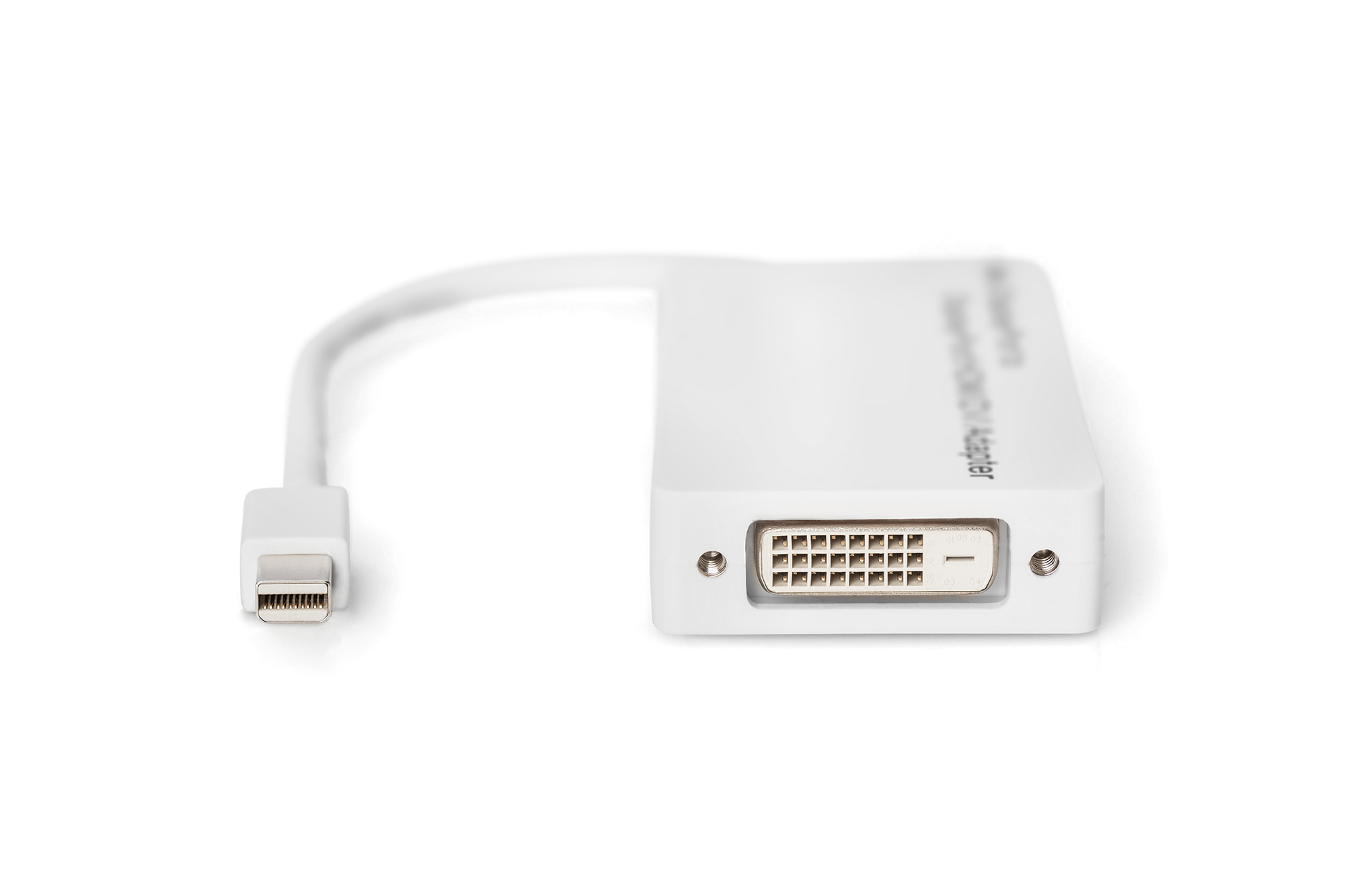 Weißer Adapter mit Mini-DisplayPort-Anschluss und DVI-D-Anschluss, mit weißem Kabel.