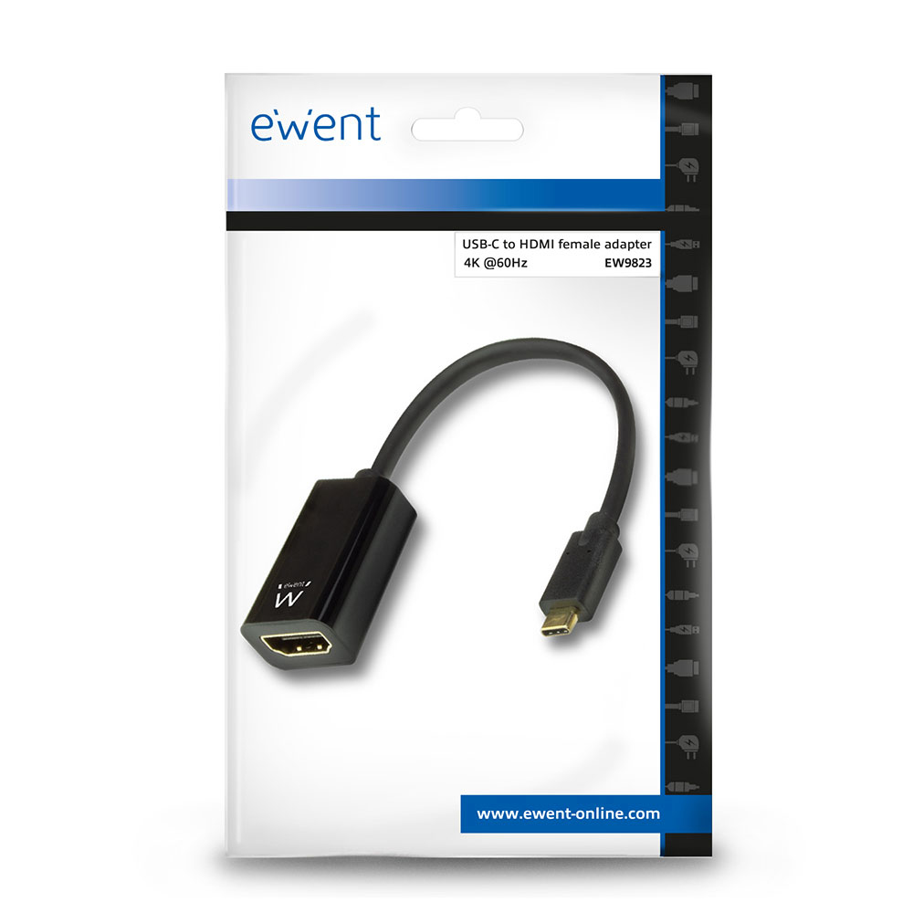 Un adattatore da USB-C a HDMI in una confezione, con i dettagli del prodotto e il logo del marchio.