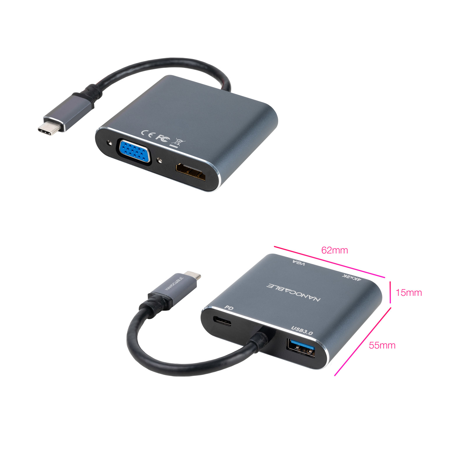 Zwei Ansichten eines grauen Adapters mit USB-C-Kabel und Abmessungen: 62x55x15mm.
