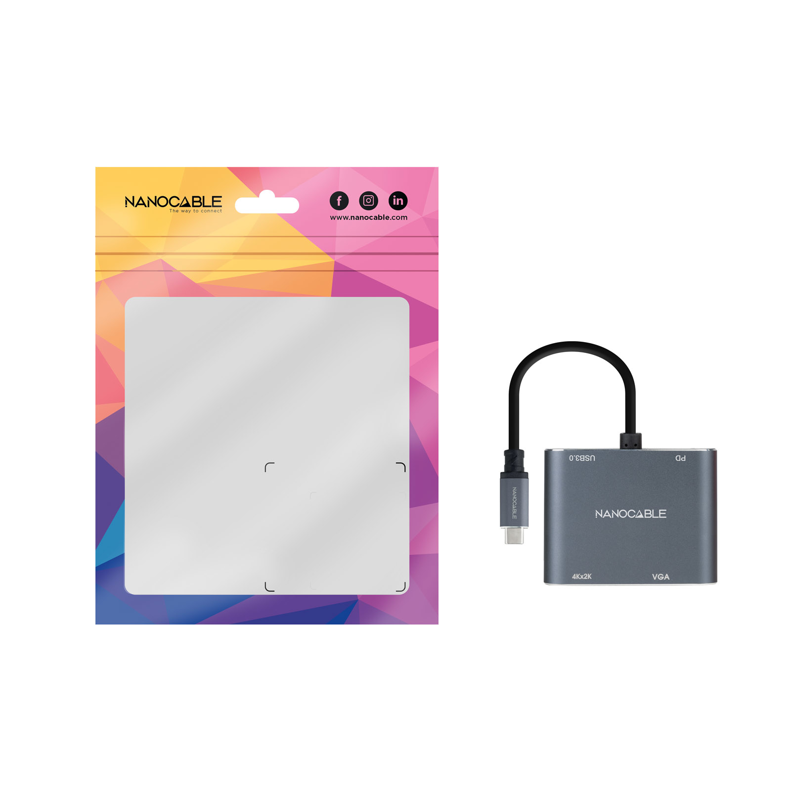 Verpackung mit USB-C-Adapter und grauem Adapter mit mehreren Anschlüssen. Weißer Hintergrund.