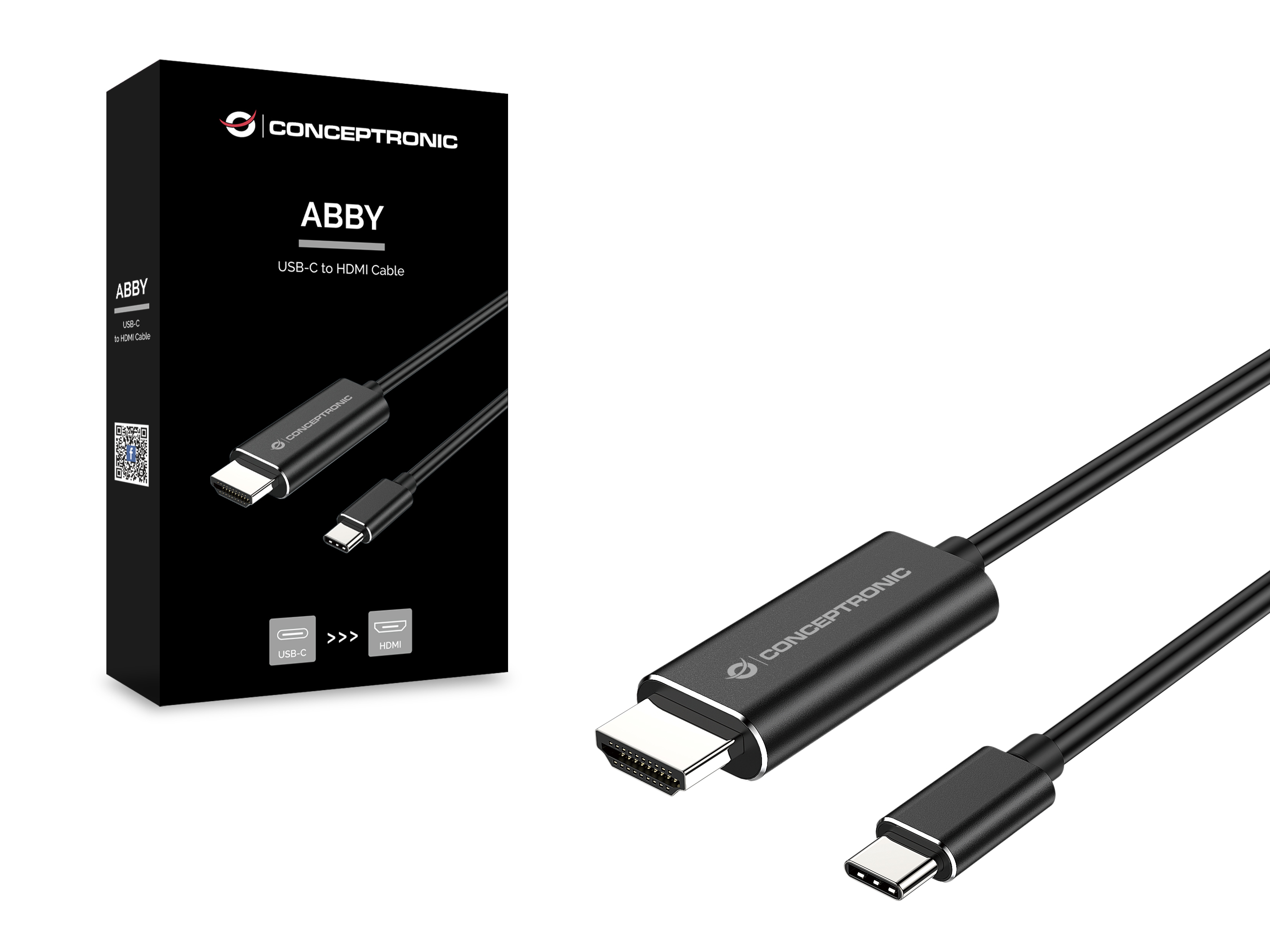 Cable USB-C a HDMI negro y su embalaje. El cable tiene conectores USB-C y HDMI. La caja muestra el nombre de la marca.