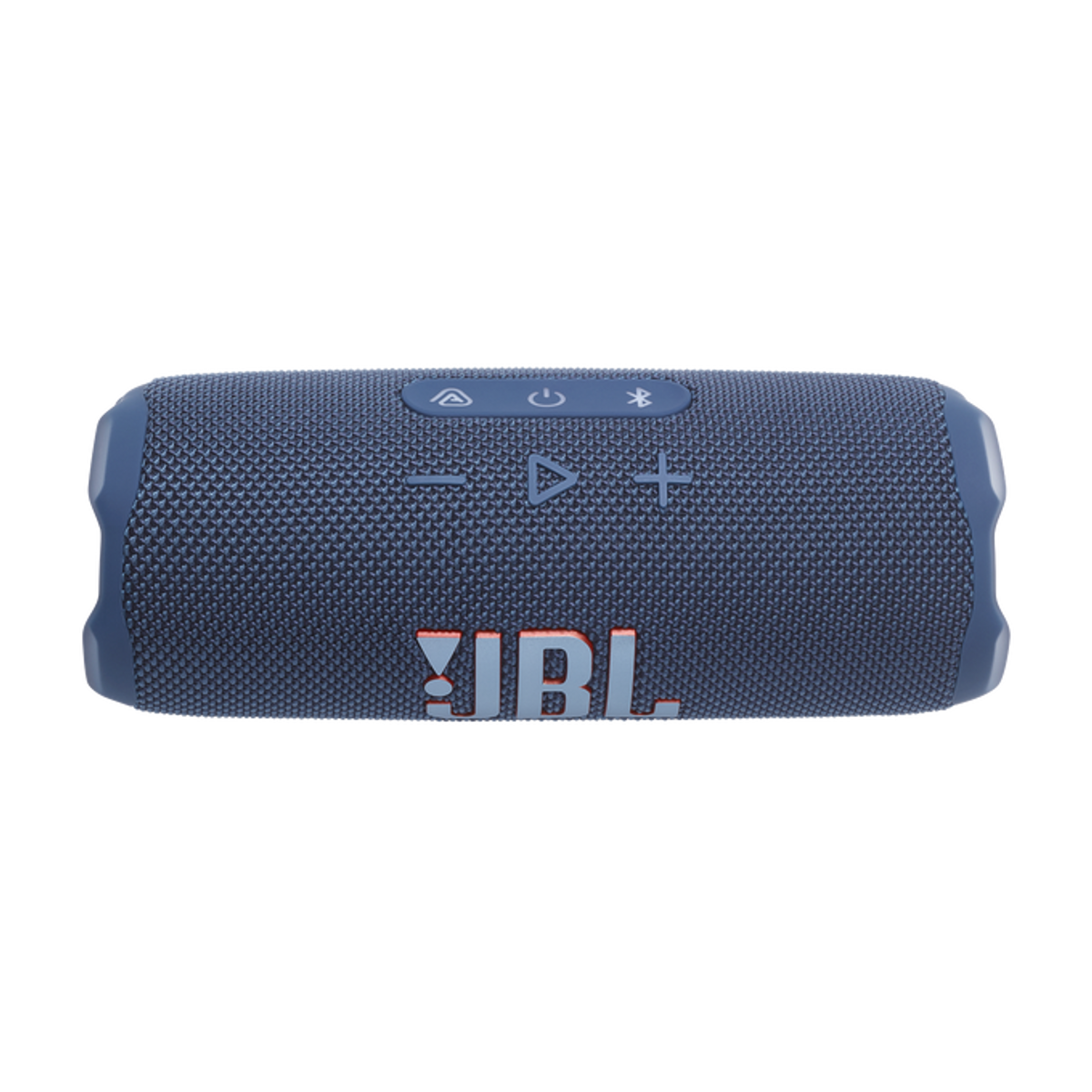 Blauer JBL Bluetooth-Lautsprecher. Er ist zylindrisch mit Knöpfen und dem JBL-Logo.