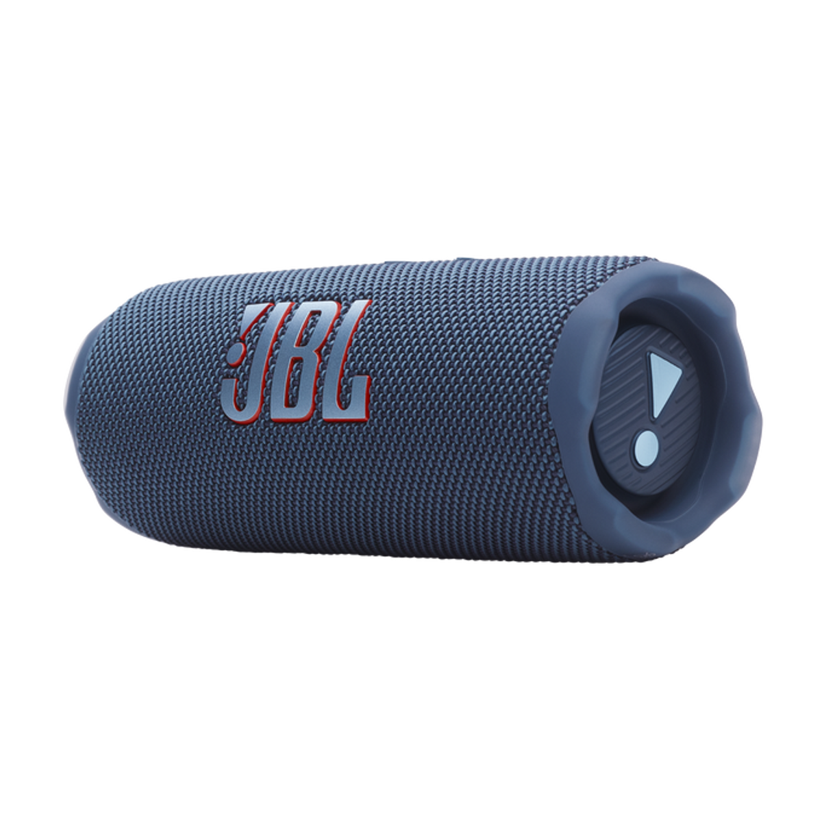 Dunkelblauer JBL-Lautsprecher mit rotem JBL-Logo, Mesh-Design und Knöpfen, vor dunklem Hintergrund.