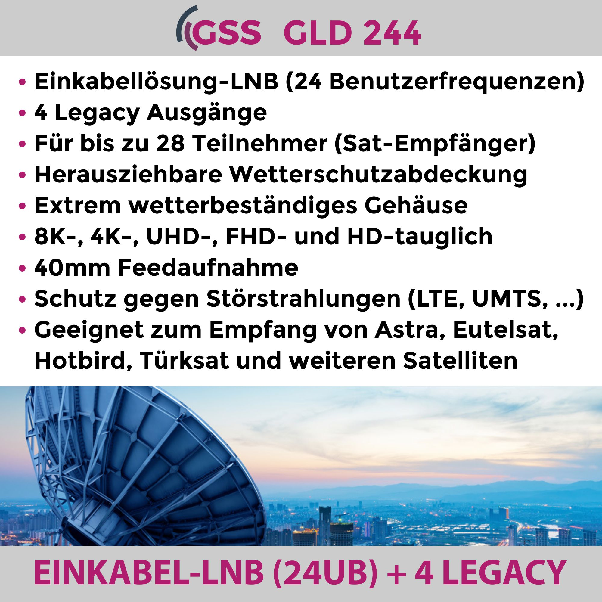 Technisches Dokument mit Aufzählungspunkten und Produktdetails, einschließlich eines Satellitenschüsselbildes.