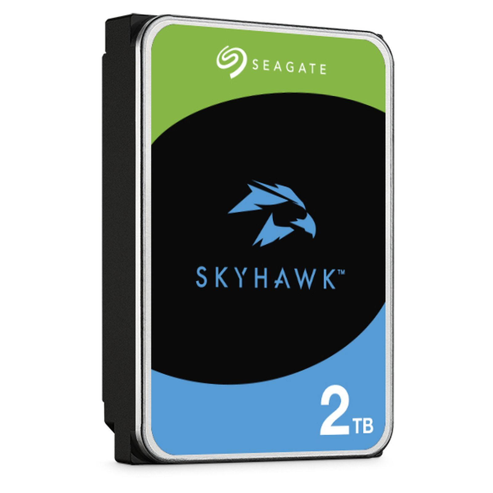 Dysk twardy Seagate Skyhawk 2 TB z zielono-niebieską etykietą, na białym tle.