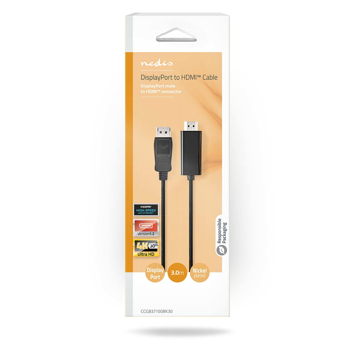 DisplayPort naar HDMI-kabelverpakking. Zwarte kabel en connectoren. Witte achtergrond.