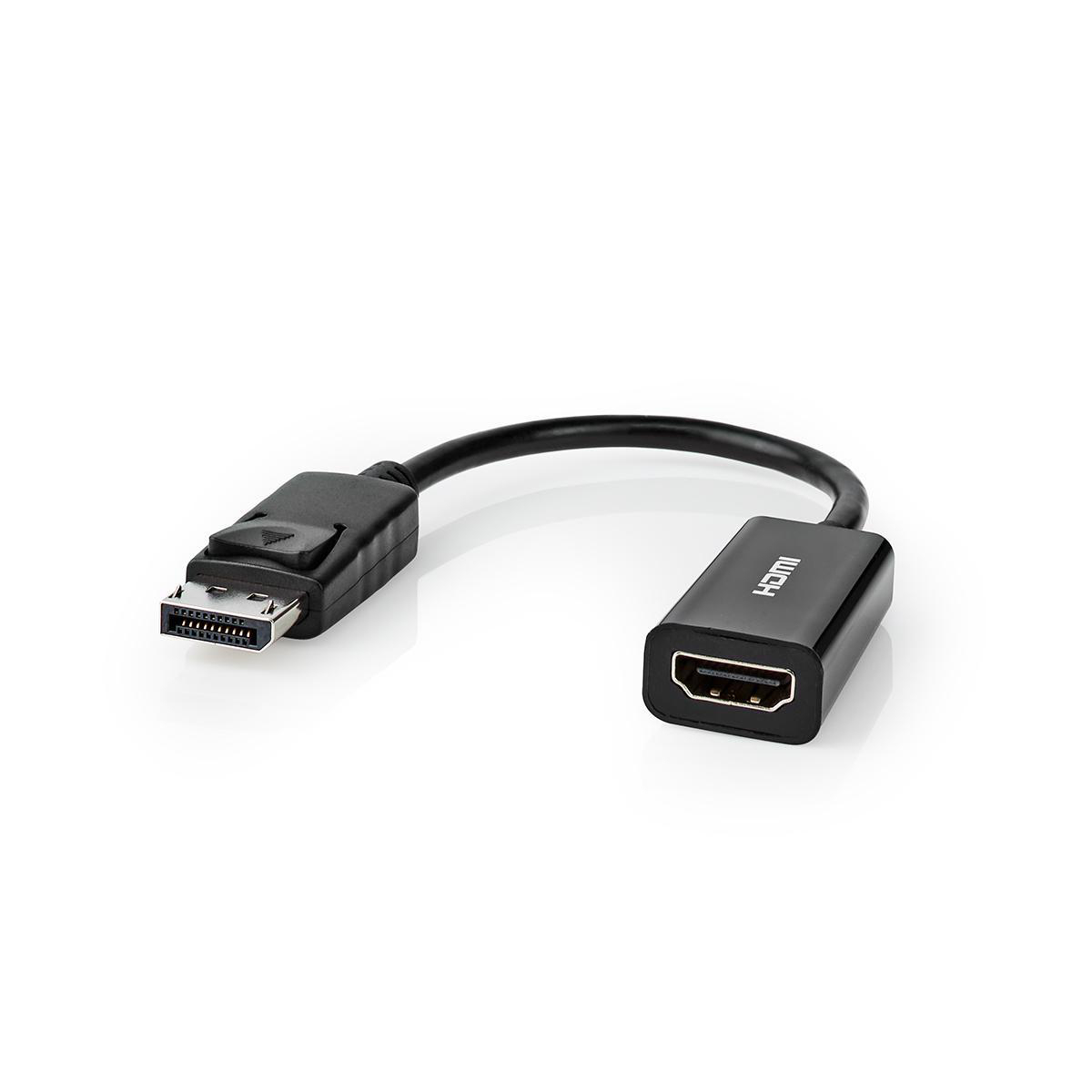 Czarny adapter ze złączami DisplayPort i HDMI, połączony kablem.
