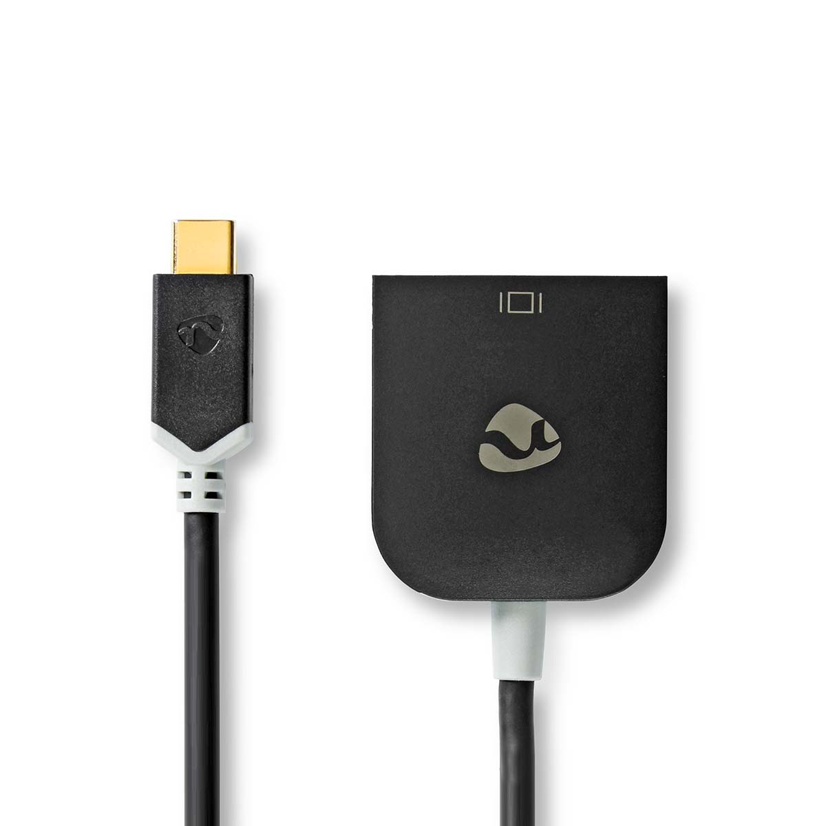 Ein schwarzer Adapter mit DisplayPort-Anschluss und einem schwarzen Kabel.