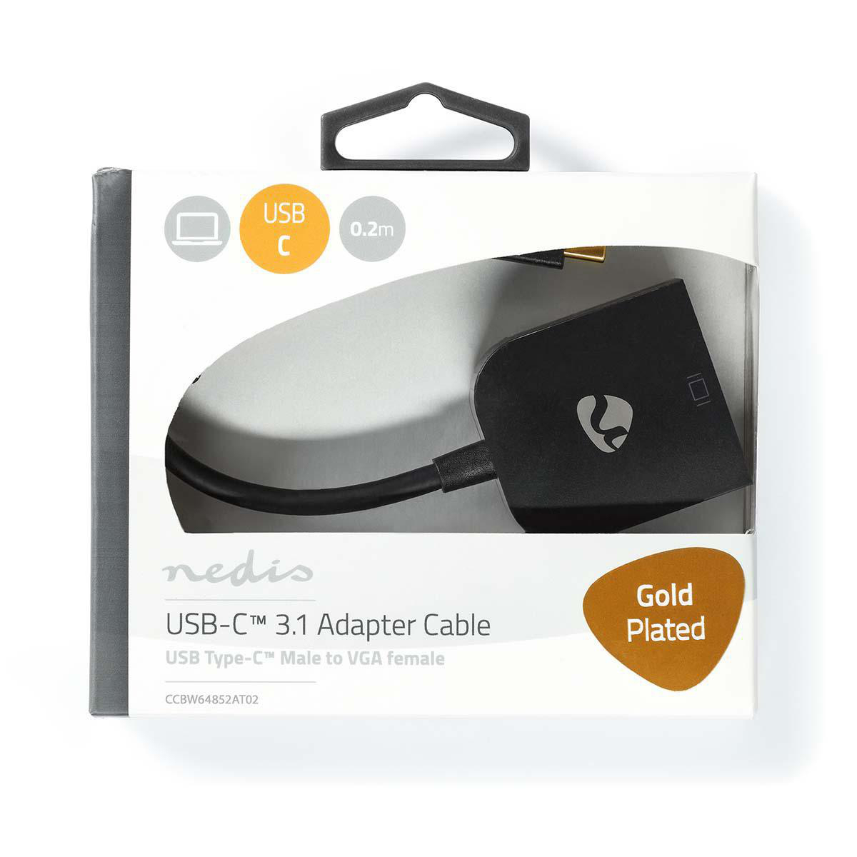 USB-C-Adapterkabel in einer weißen Box mit schwarzem Kabel und Adapter. Gold Plated-Etikett vorhanden.