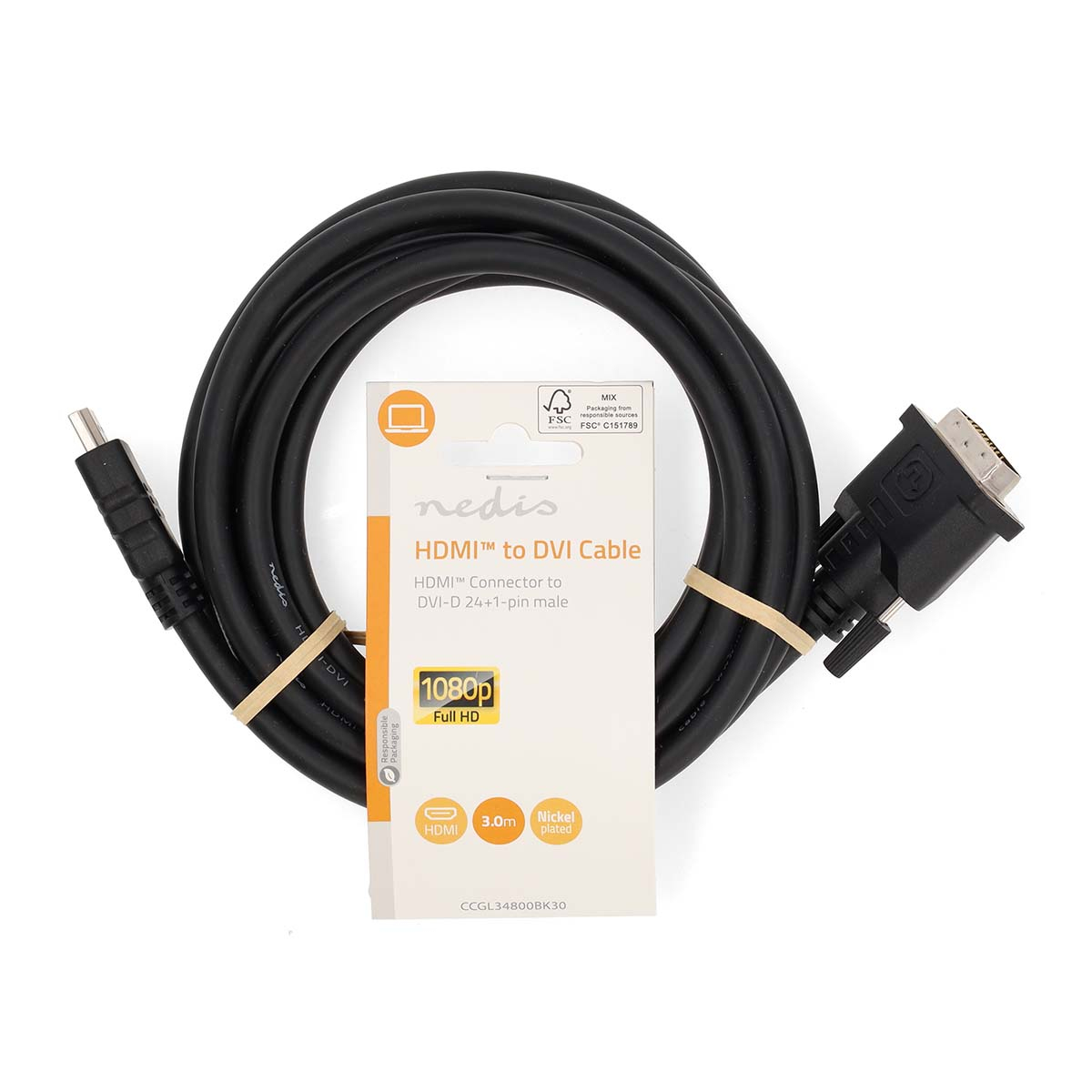 Zwarte HDMI naar DVI-kabel met connector en verpakking.
