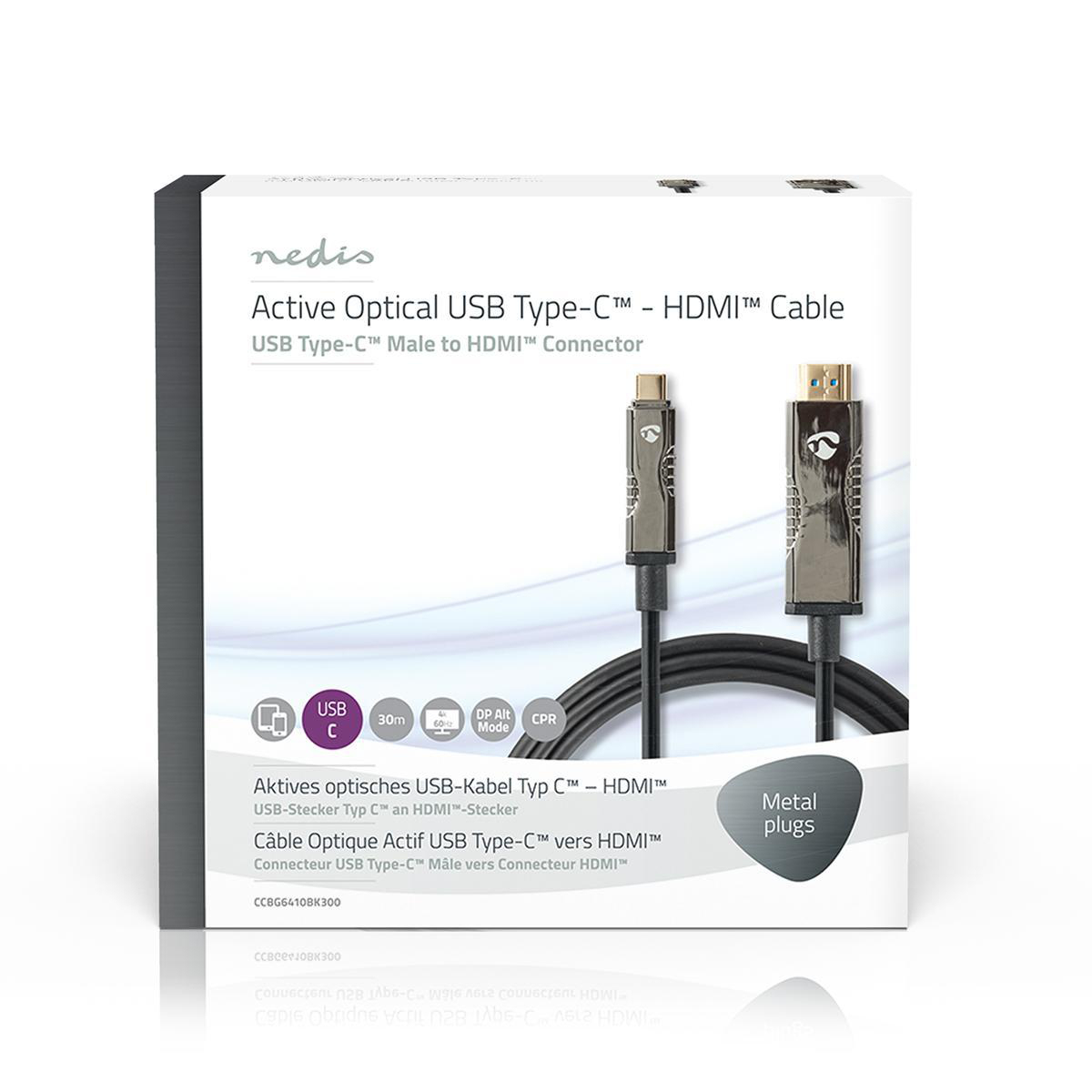 A box showing an active optical USB Type-C to HDMI cable. Metal plugs are visible.