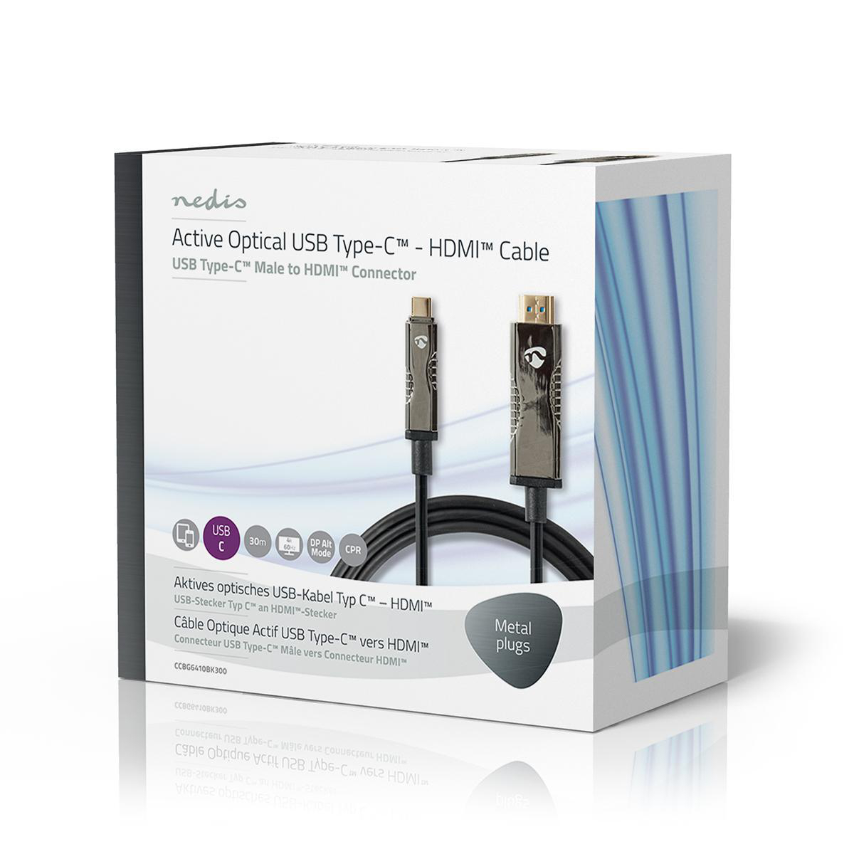 Box with a USB-C to HDMI cable. The box is white with product information.