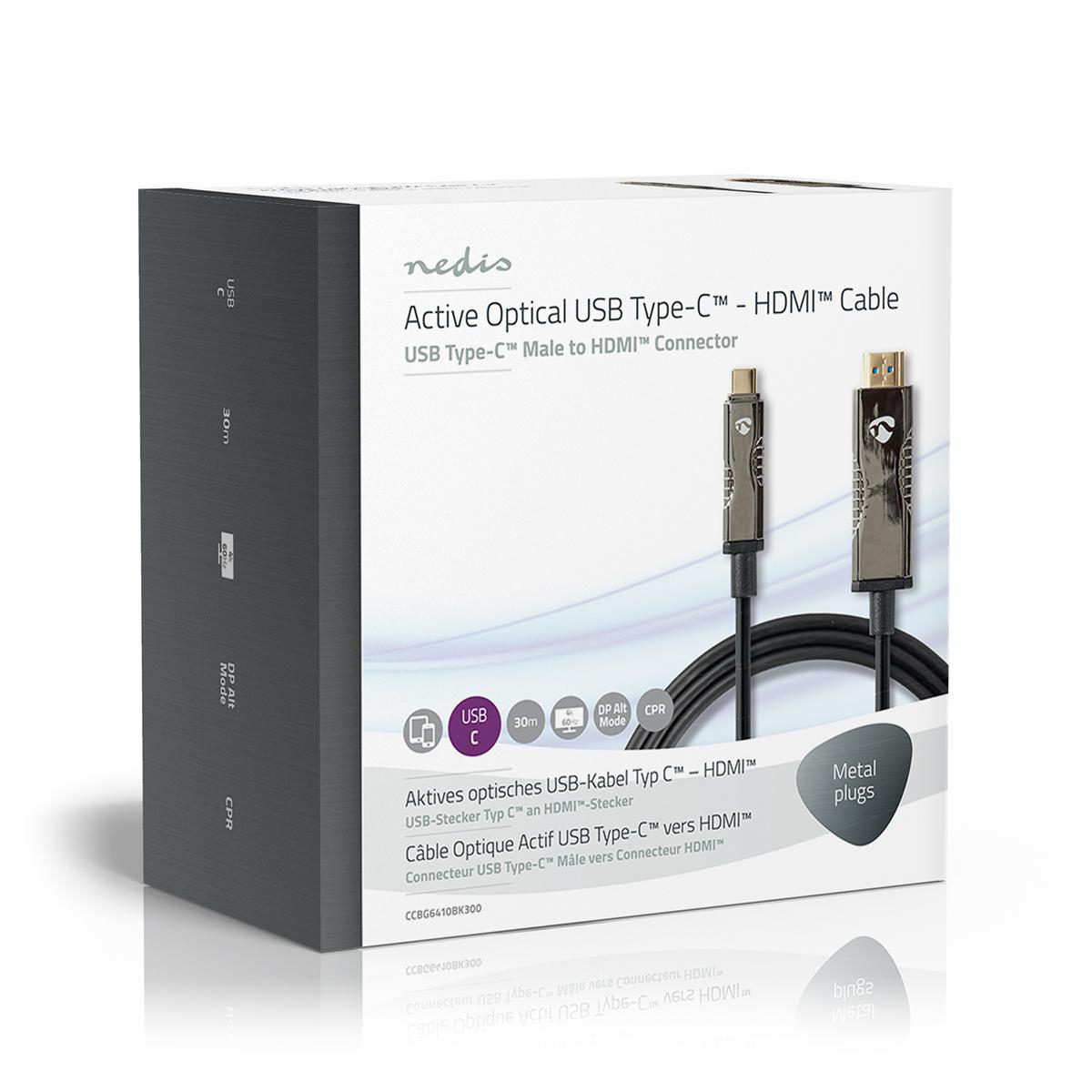 White and gray box with a black cable, USB-C to HDMI connector, and product details.
