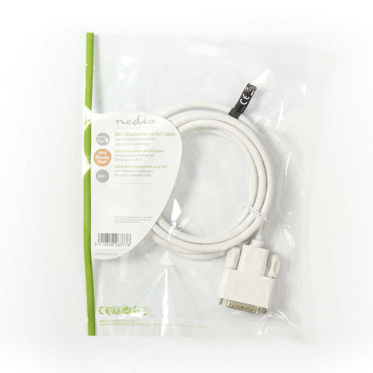 Weißes Mini-DisplayPort-zu-DVI-Kabel in einer transparenten Kunststoffverpackung mit Etikett.