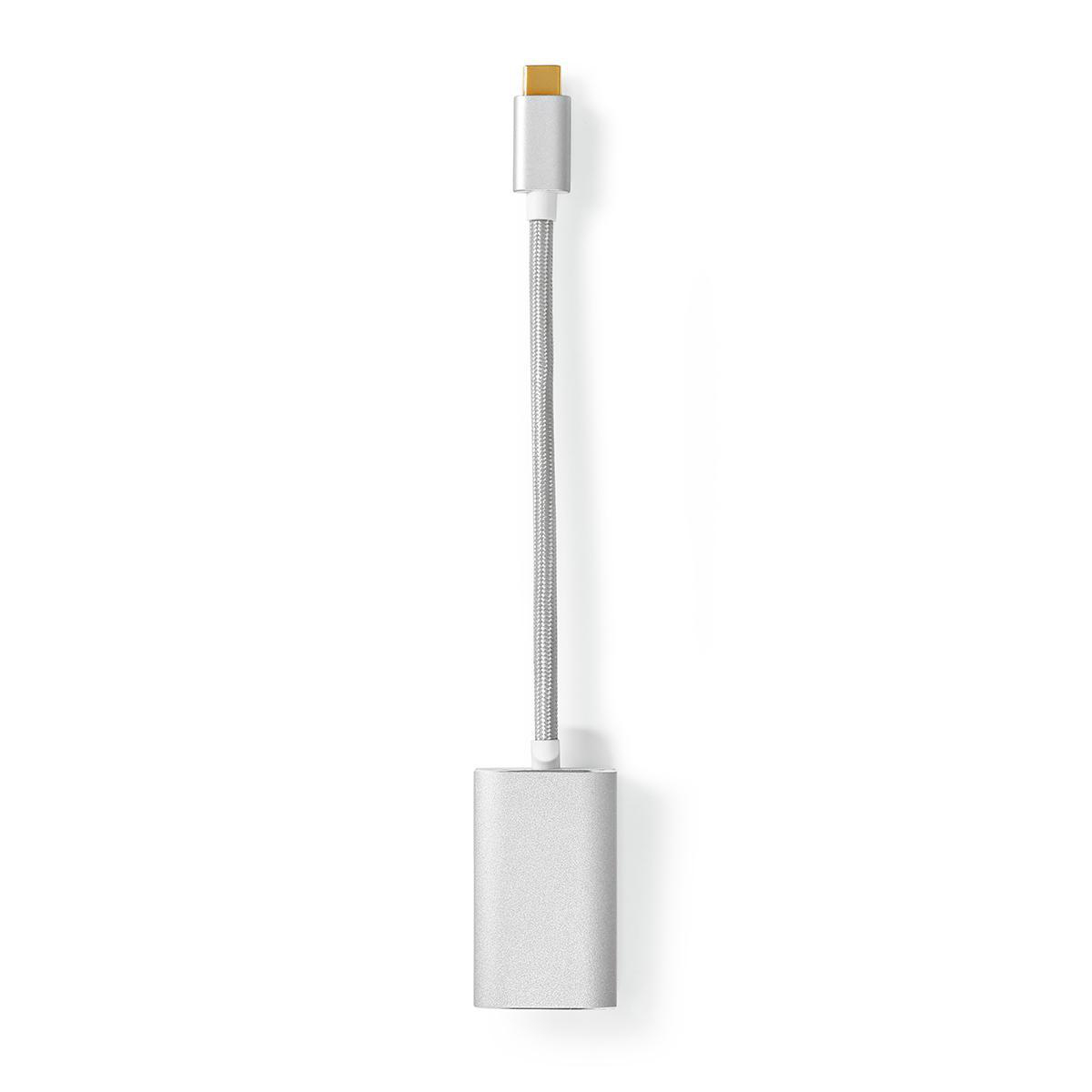 Silberner Adapter mit USB-C-Anschluss und flexiblem Kabel auf weißem Grund.