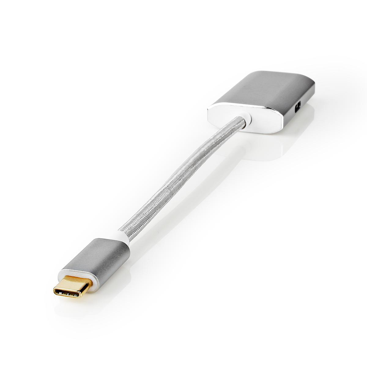 Ein silberner USB-C-zu-USB-C-Kabeladapter. Ein Ende ist USB-C, das andere ein Metall-, Silberkabel.