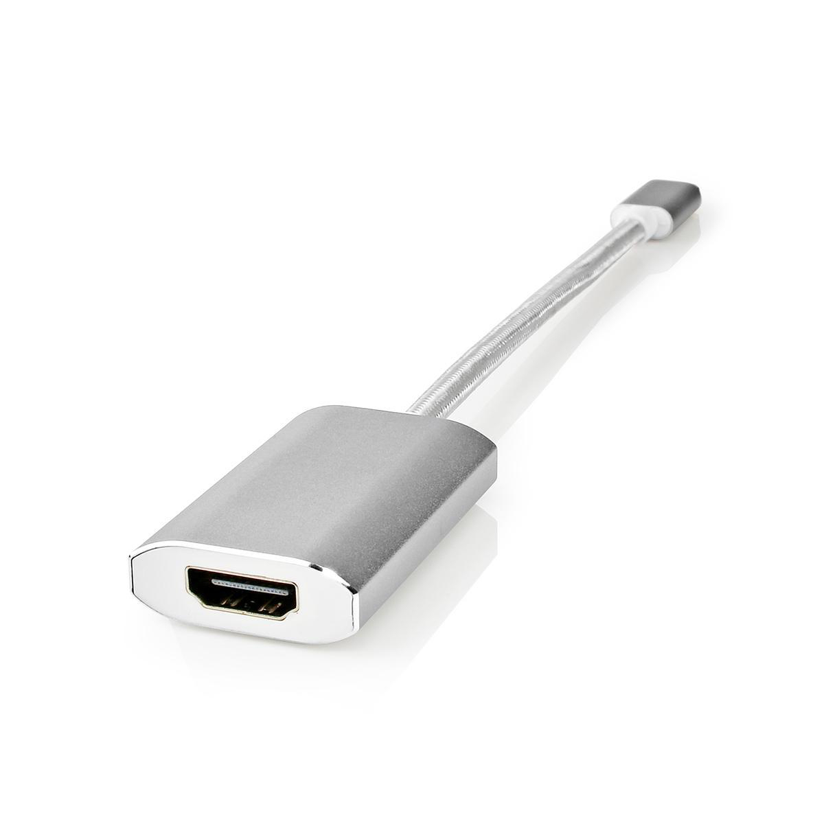 Silberner HDMI-Adapter mit flexiblem Kabel vor weißem Hintergrund.