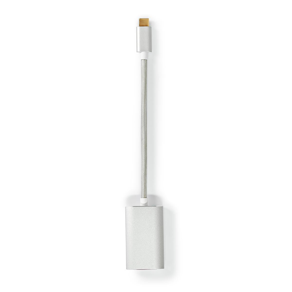 Ein silberner USB-C-zu-HDMI-Adapter mit silbernem geflochtenem Kabel, auf weißem Hintergrund.