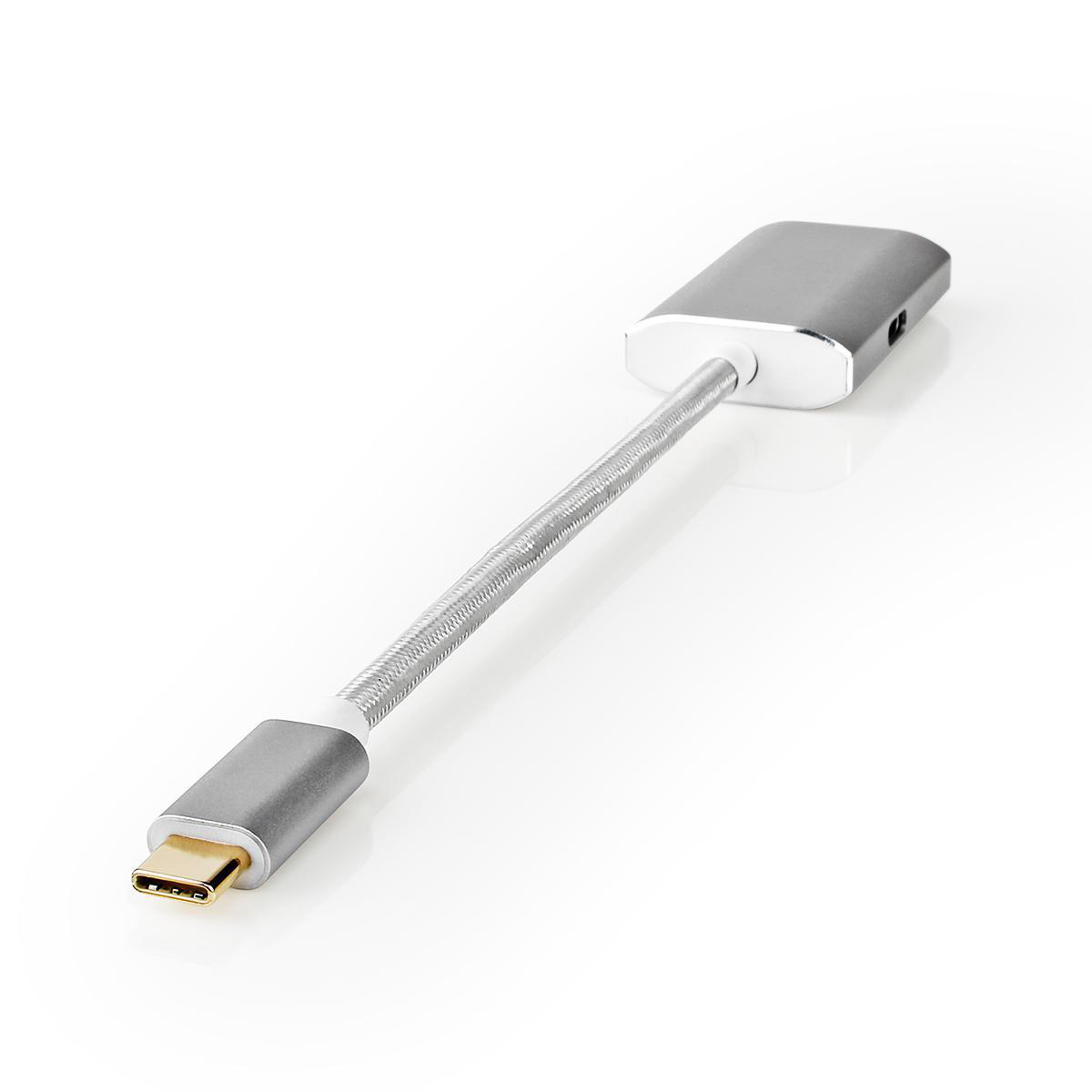 Silberner USB-C-Adapter mit flexiblem Kabel, verbunden mit einem silbernen Adapter, auf weißem Grund.
