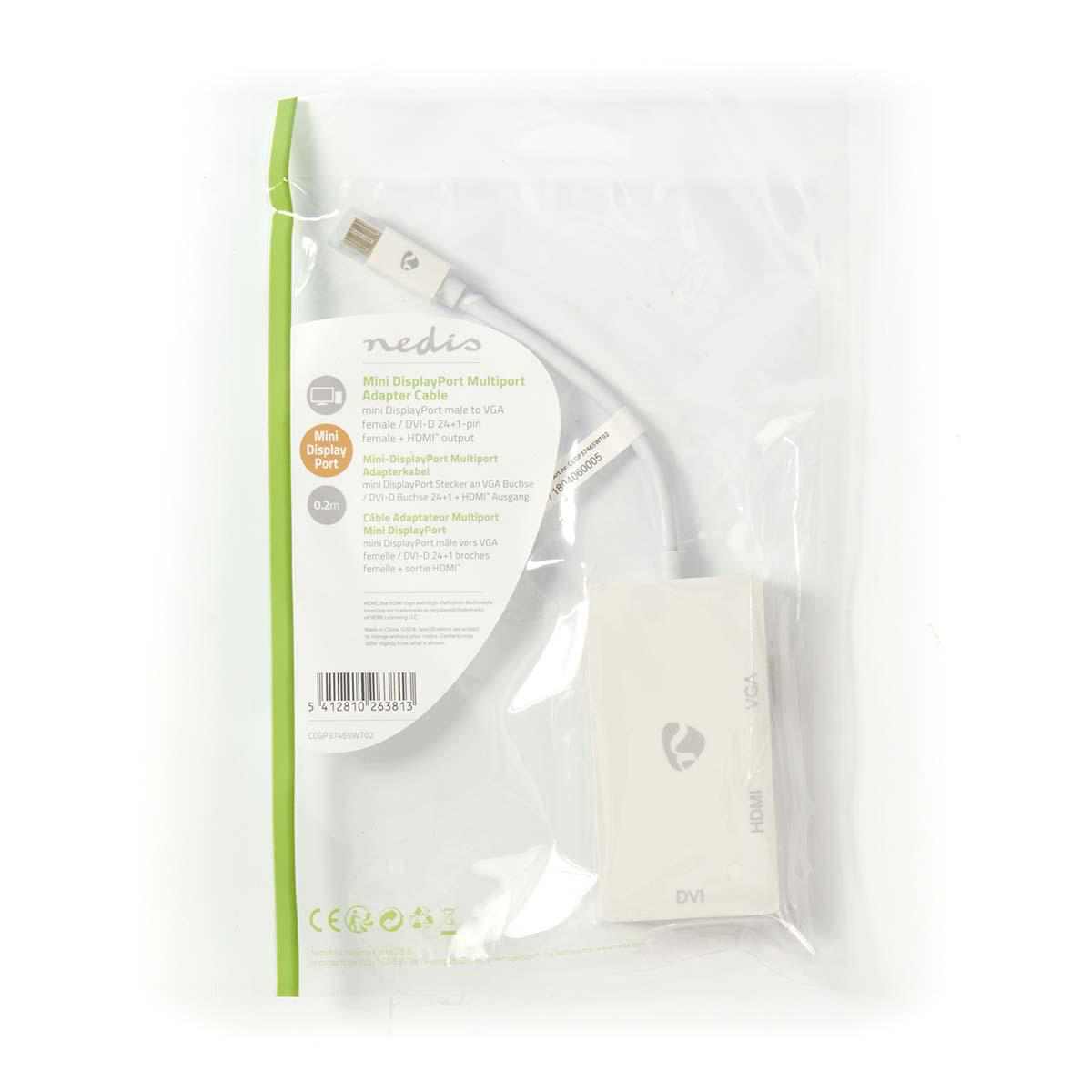 Paquete de plástico blanco y transparente con un cable adaptador Mini DisplayPort blanco dentro, sobre superficie blanca.