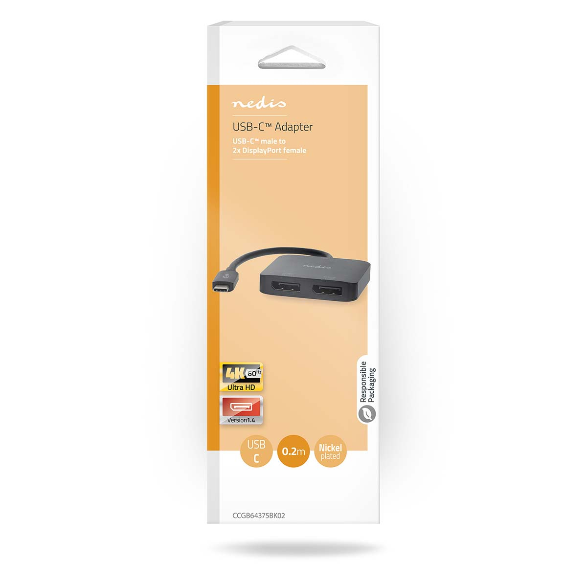 USB-C-Adapter in Verpackung, mit einem schwarzen Adapter und 4K Ultra HD-Logo.