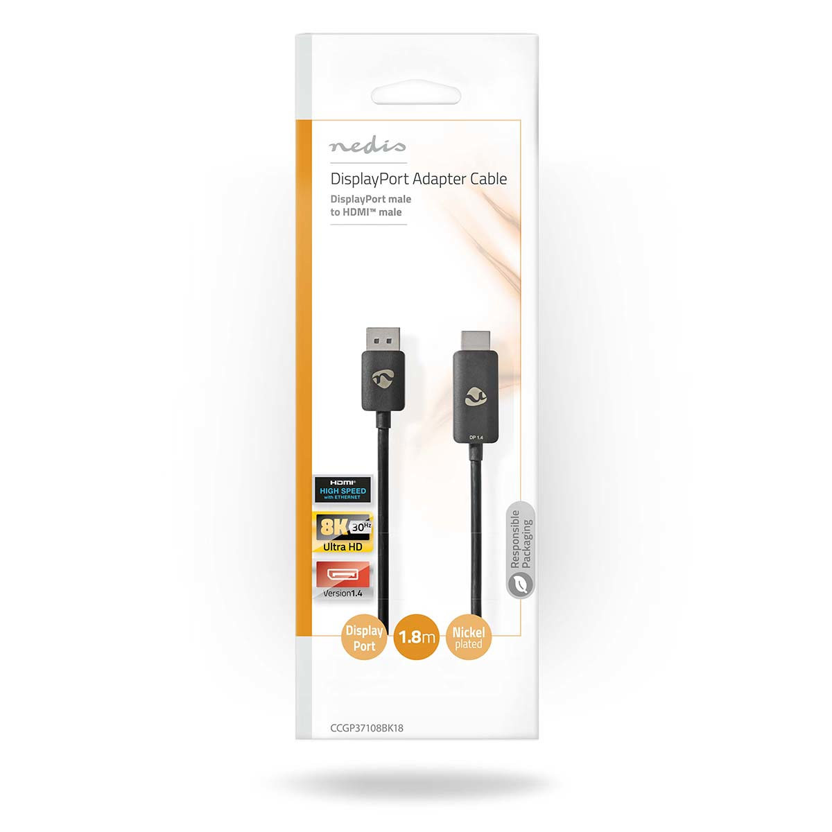 Cavo adattatore da DisplayPort a HDMI nella confezione. Cavo nero, connettori e testo.