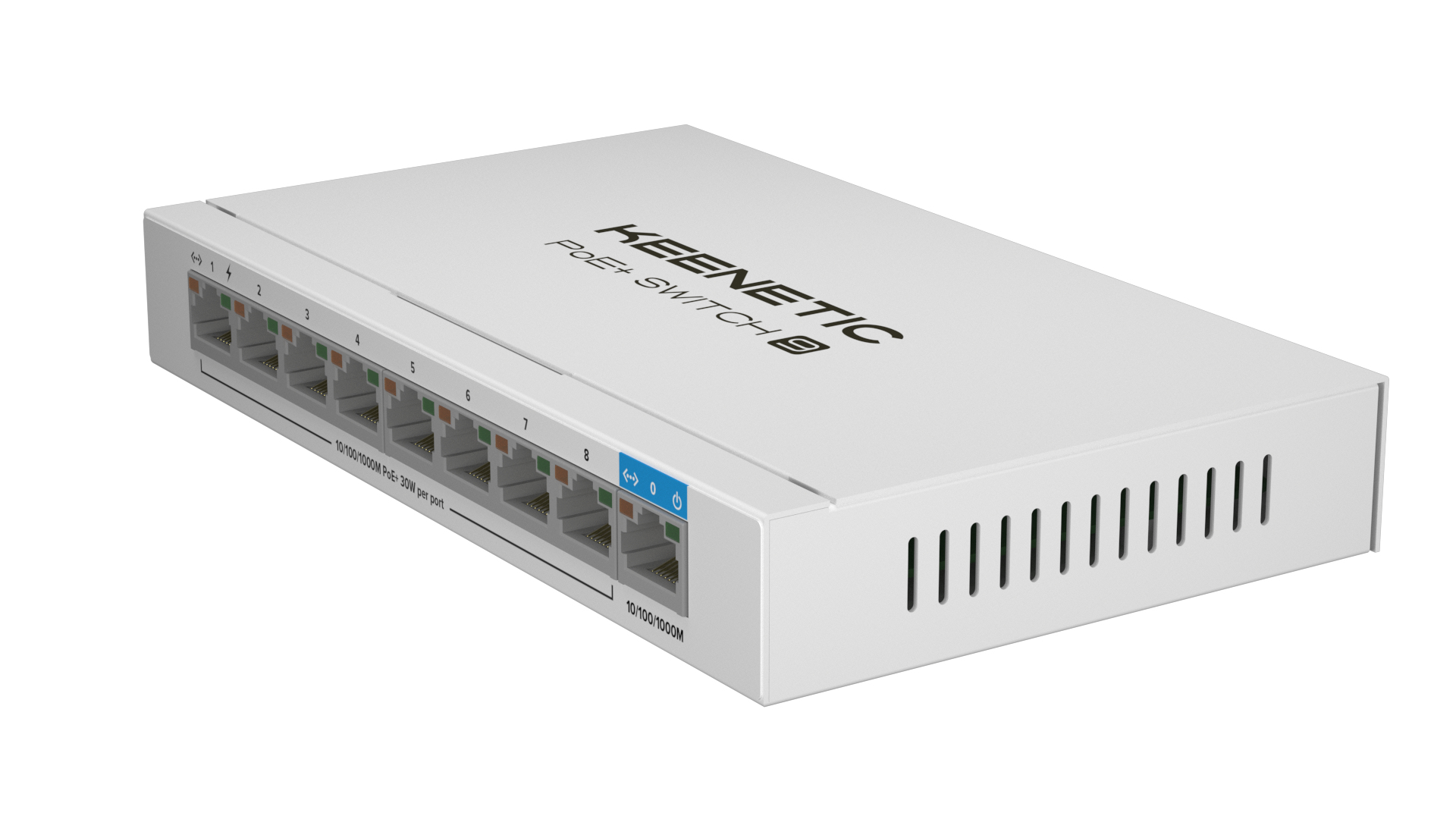 Uno switch Keenetic PoE+ bianco con diverse porte.