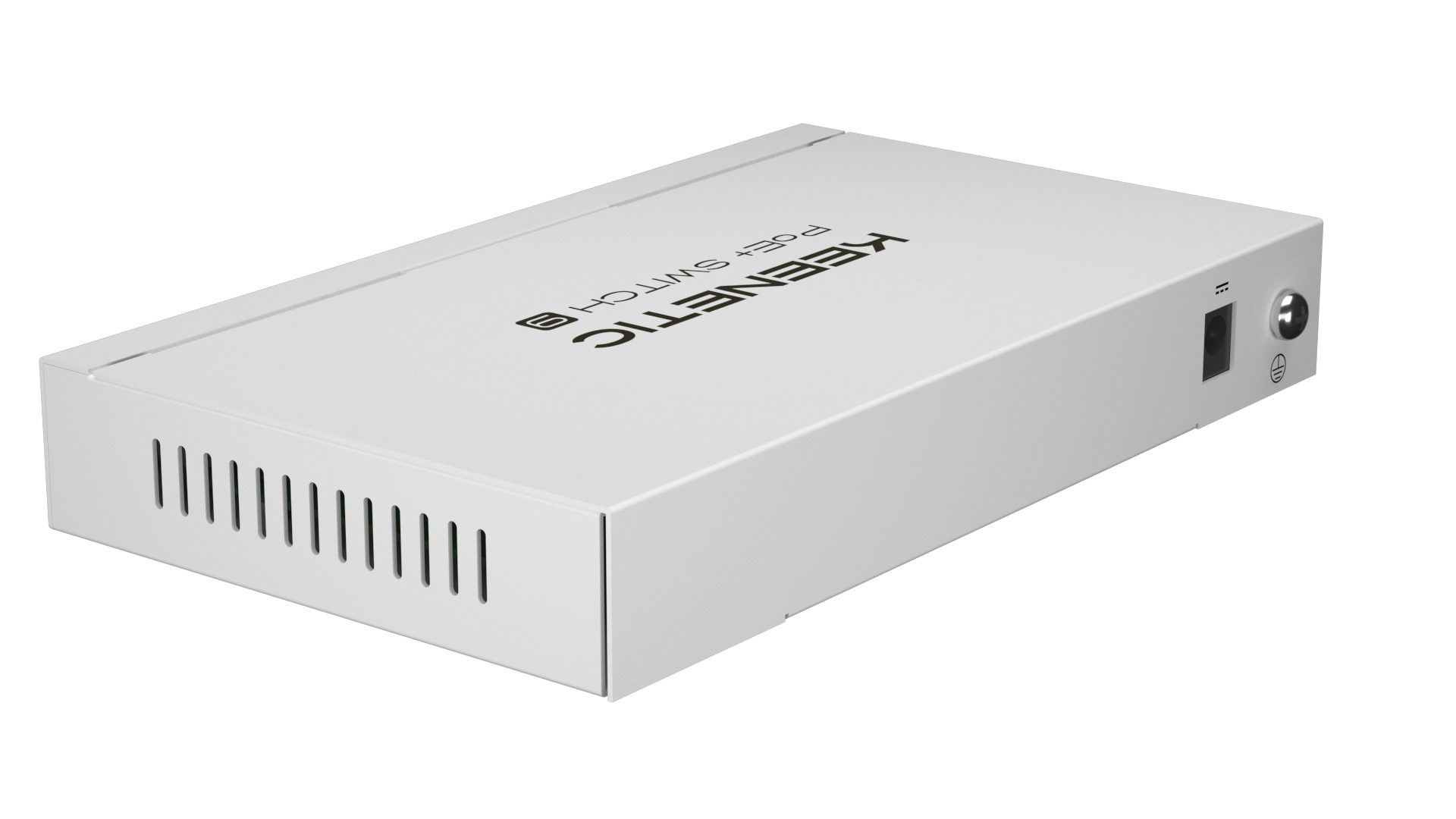 Switch PoE Keenetic argentato. Lo switch è rettangolare con fori di ventilazione sul lato.