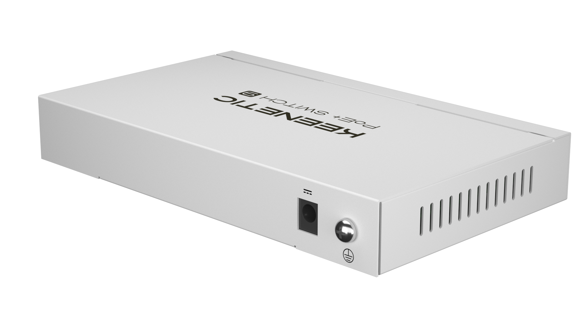 Switch Keenetic PoE+ bianco. Frontale: porta Ethernet e pulsante di ripristino. Laterale: fessure.