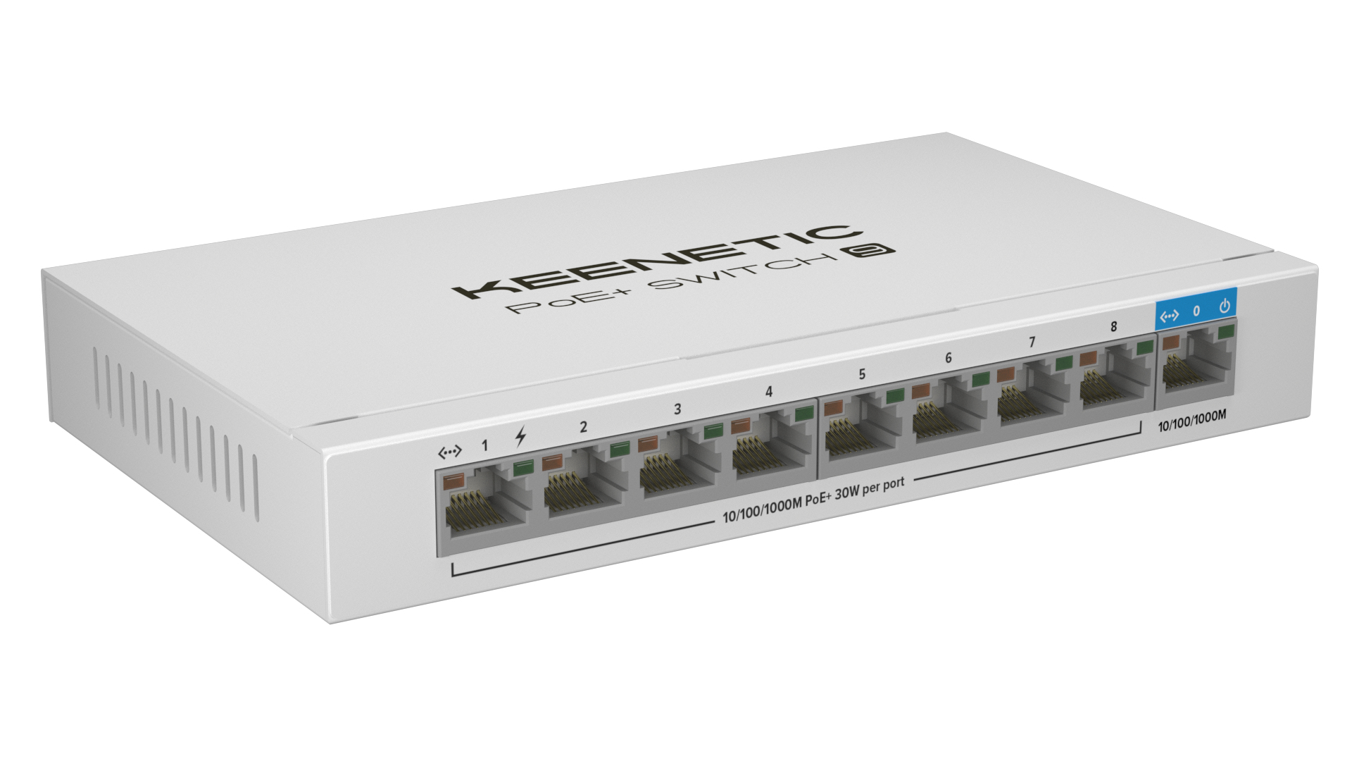 Uno switch Keenetic PoE+ bianco con otto porte, isolato su sfondo bianco.
