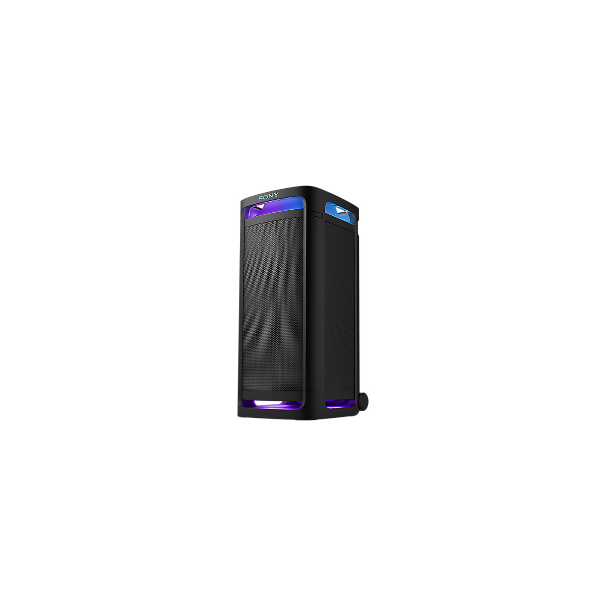 Altavoz negro con luces moradas y azules. Tiene una rejilla frontal y el logotipo de Sony. El altavoz está aislado.