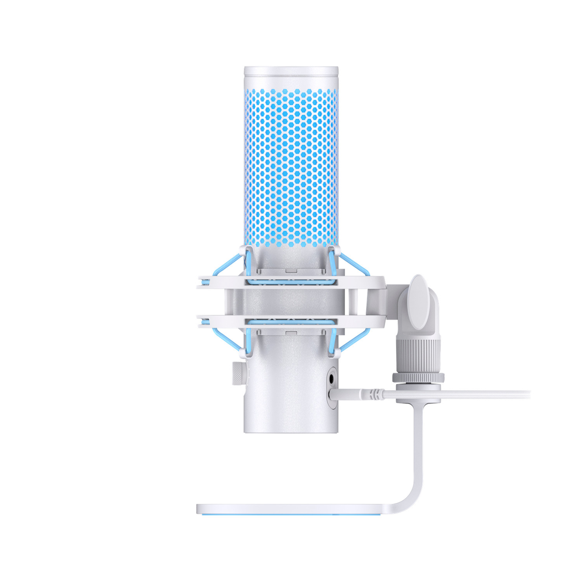 Srebrny mikrofon z niebieską siatką i podstawką na białym tle.