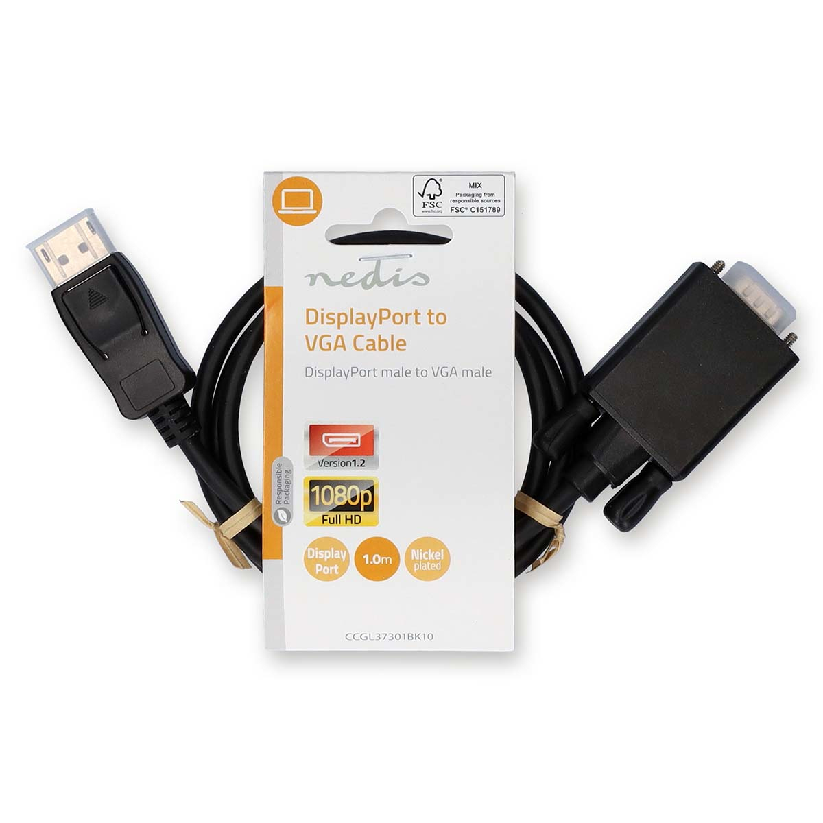 Black DisplayPort to VGA cable with a white label and a white background.