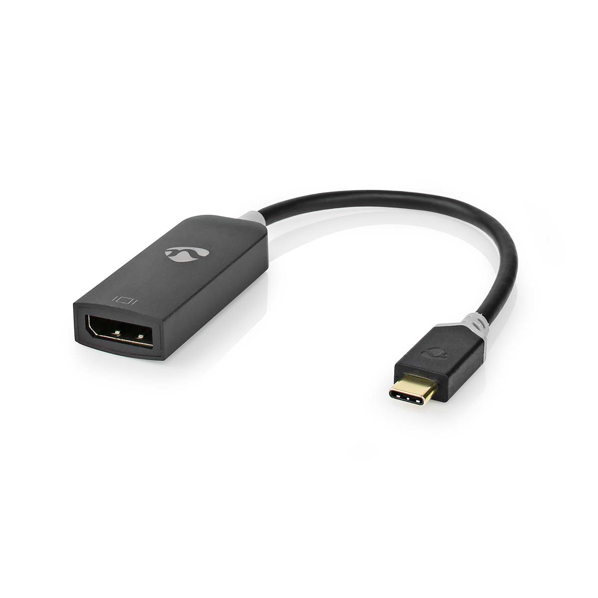 Un adattatore nero con un connettore USB-C e DisplayPort.