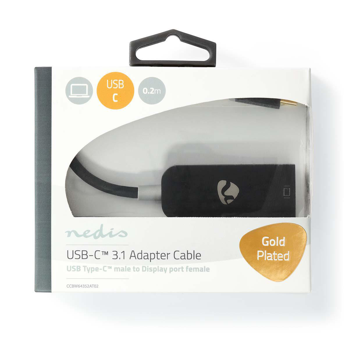 Scatola bianca con un adattatore nero all'interno. Testo: Cavo adattatore USB-C 3.1.