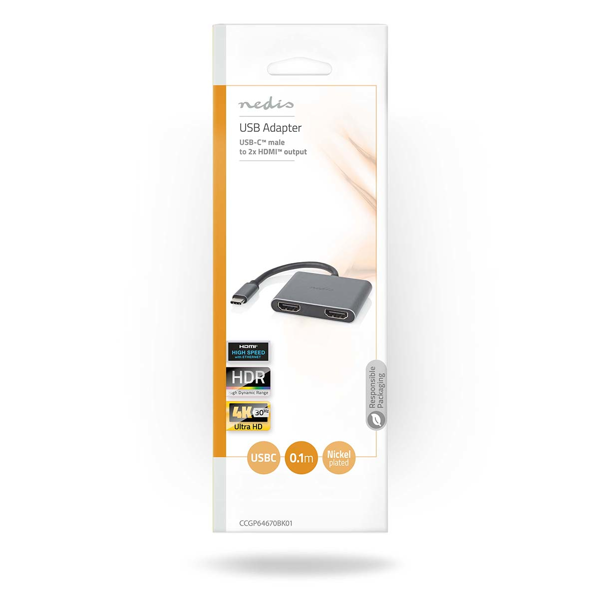 Adattatore USB-C a doppio HDMI in una scatola bianca con dettagli del prodotto e marchio 'nedis'.