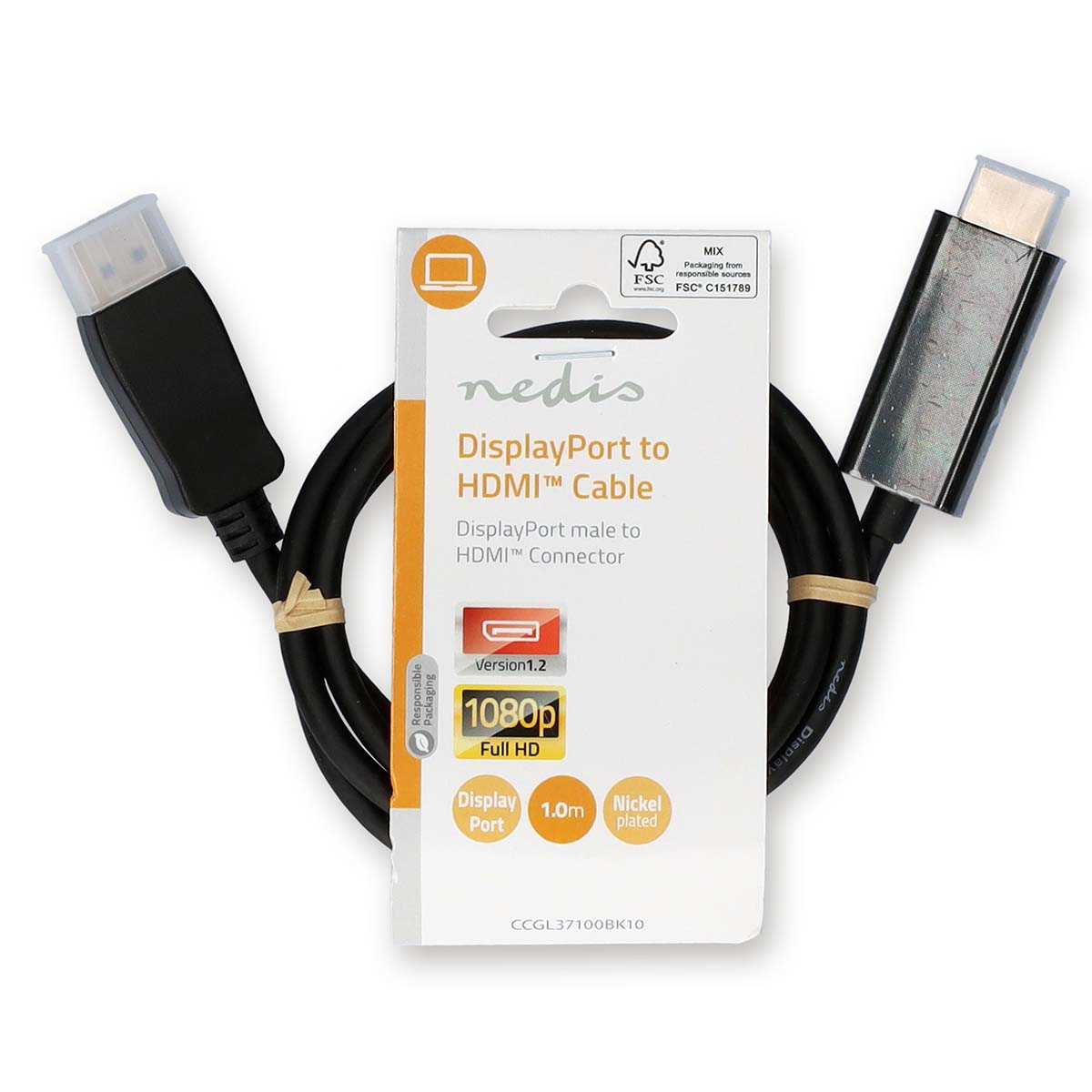 DisplayPort naar HDMI kabel, zwart, met verpakking. Kabel opgerold, verpakking toont 1080p en DisplayPort logo.