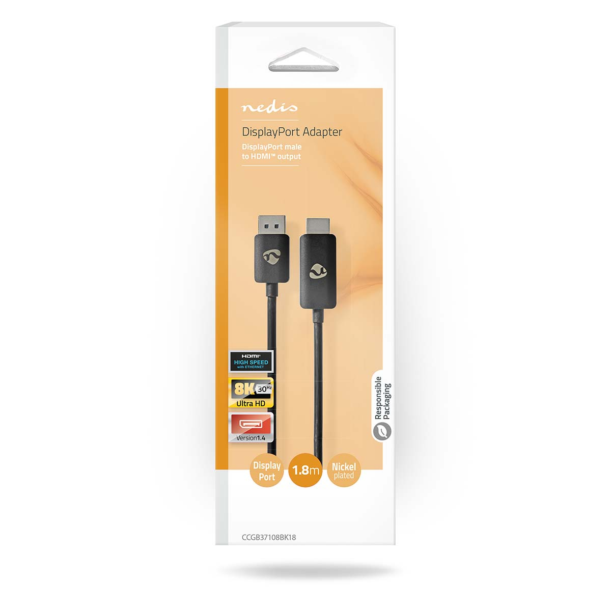 DisplayPort-adapter in verpakking. Zwarte kabel met connectoren. Witte en oranje achtergrond met tekst.