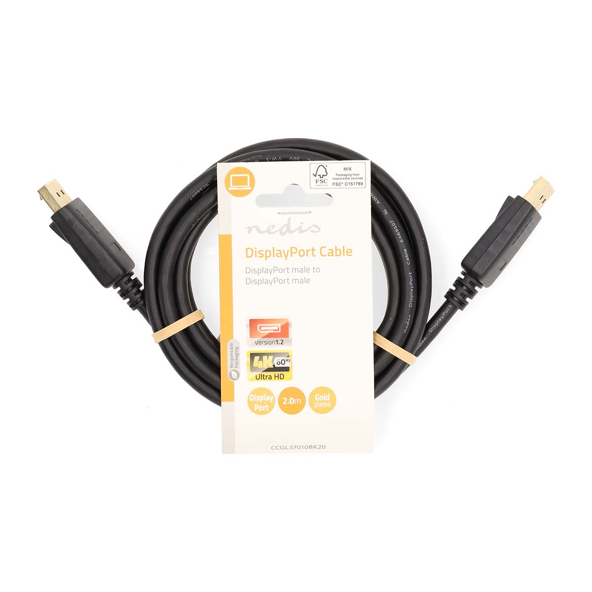 Zwarte DisplayPort-kabel met een wit label en een gele band.