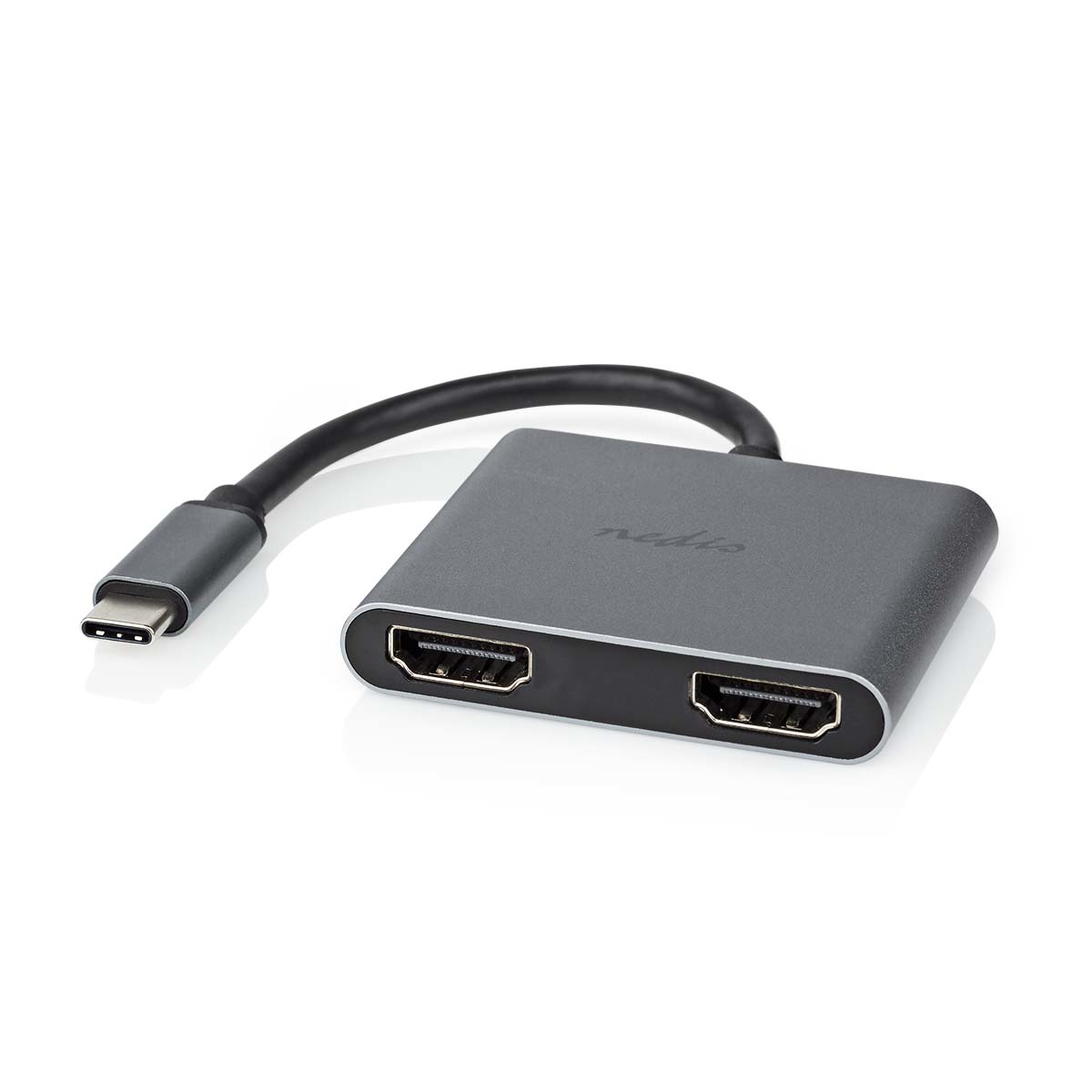 Grauer Adapter mit USB-C-Anschluss und zwei HDMI-Anschlüssen.