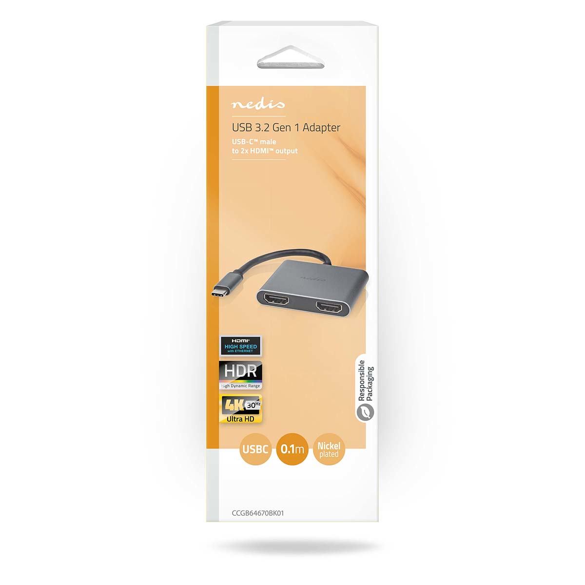 Eine weiße Box mit einem USB-C-Adapter, mit Etiketten für USB-C, HDMI und HDR.