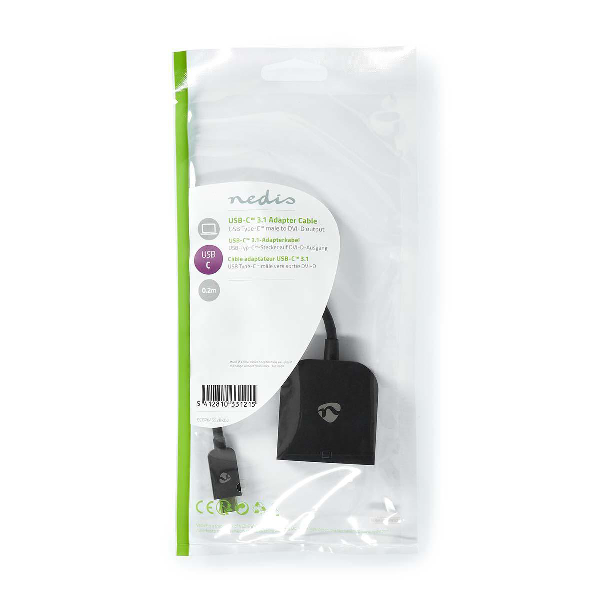 USB-C-zu-DVI-D-Adapterkabel in einer transparenten Kunststoffverpackung, weißer Hintergrund.
