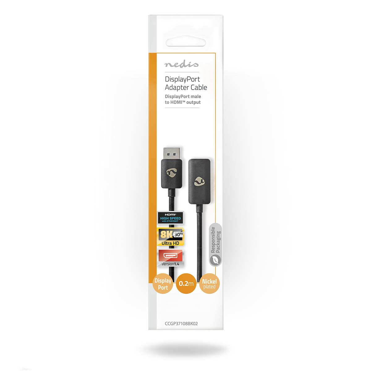 Cavo adattatore DisplayPort a HDMI in confezione, sfondo bianco, dettagli prodotto.