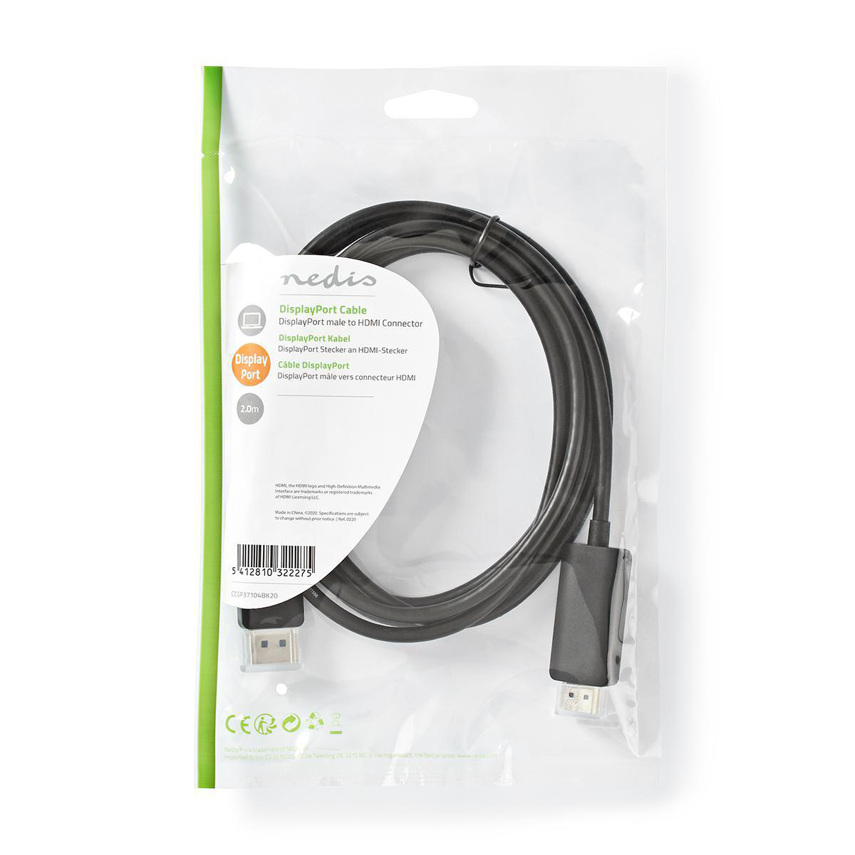 Schwarzes DisplayPort-Kabel in einer transparenten Plastikverpackung mit Produktdetails auf dem Etikett.